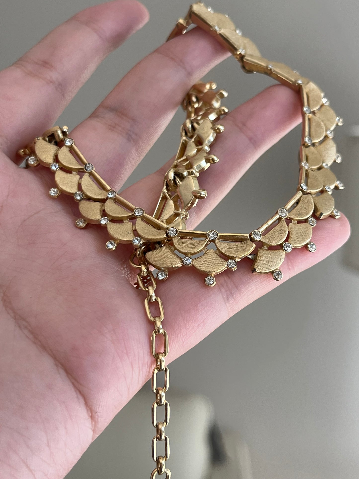 Vintage Crown Trifari "Dagon Scale" Layered Pedal Rhinestone Gold-Tone Choker Necklace