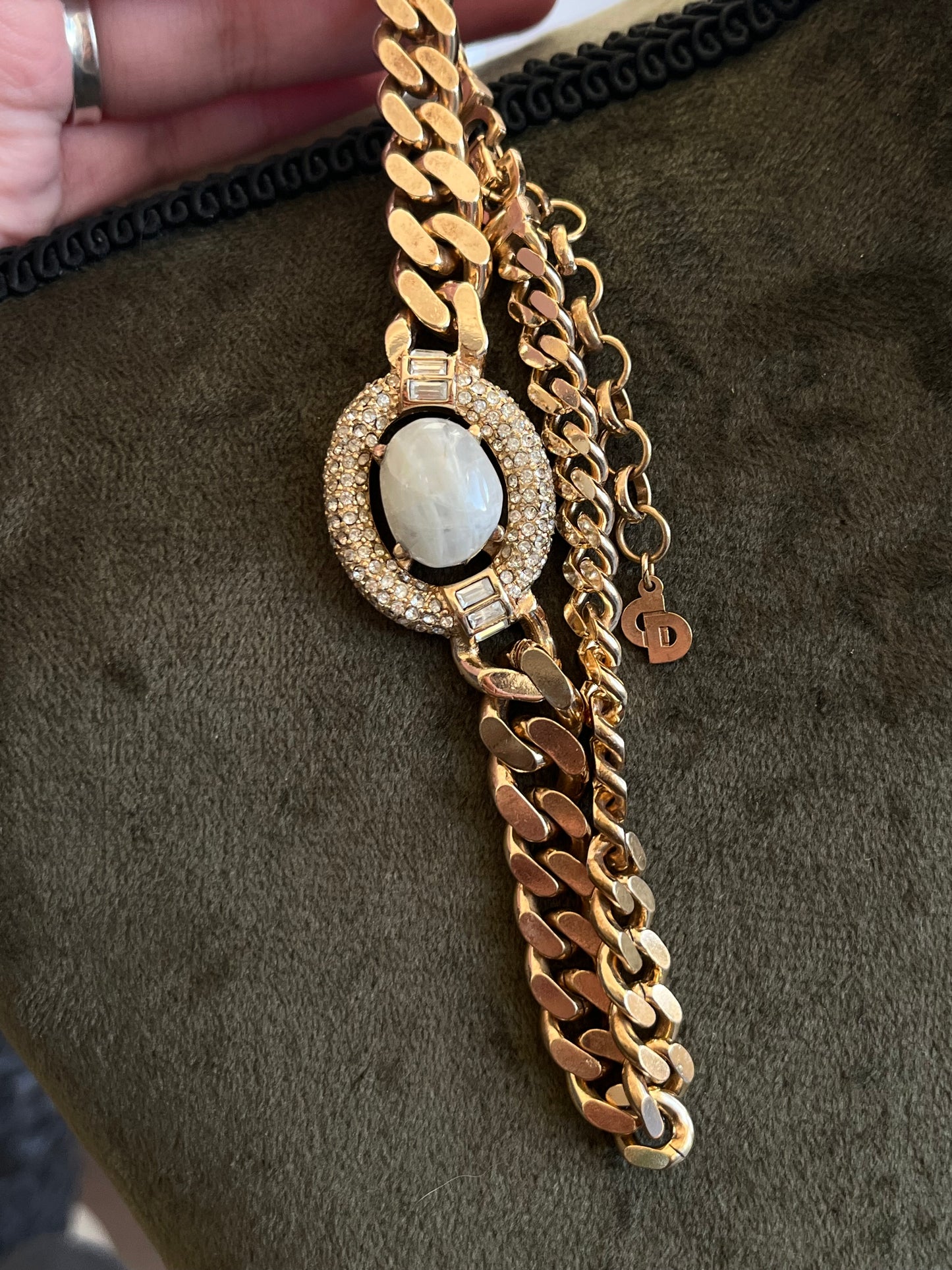 Vintage Christian Dior Irregular Milky White Swirly Poured Glass Cabochon Prong Rhinestone Pavé Edge Gold-Tone Chain Necklace