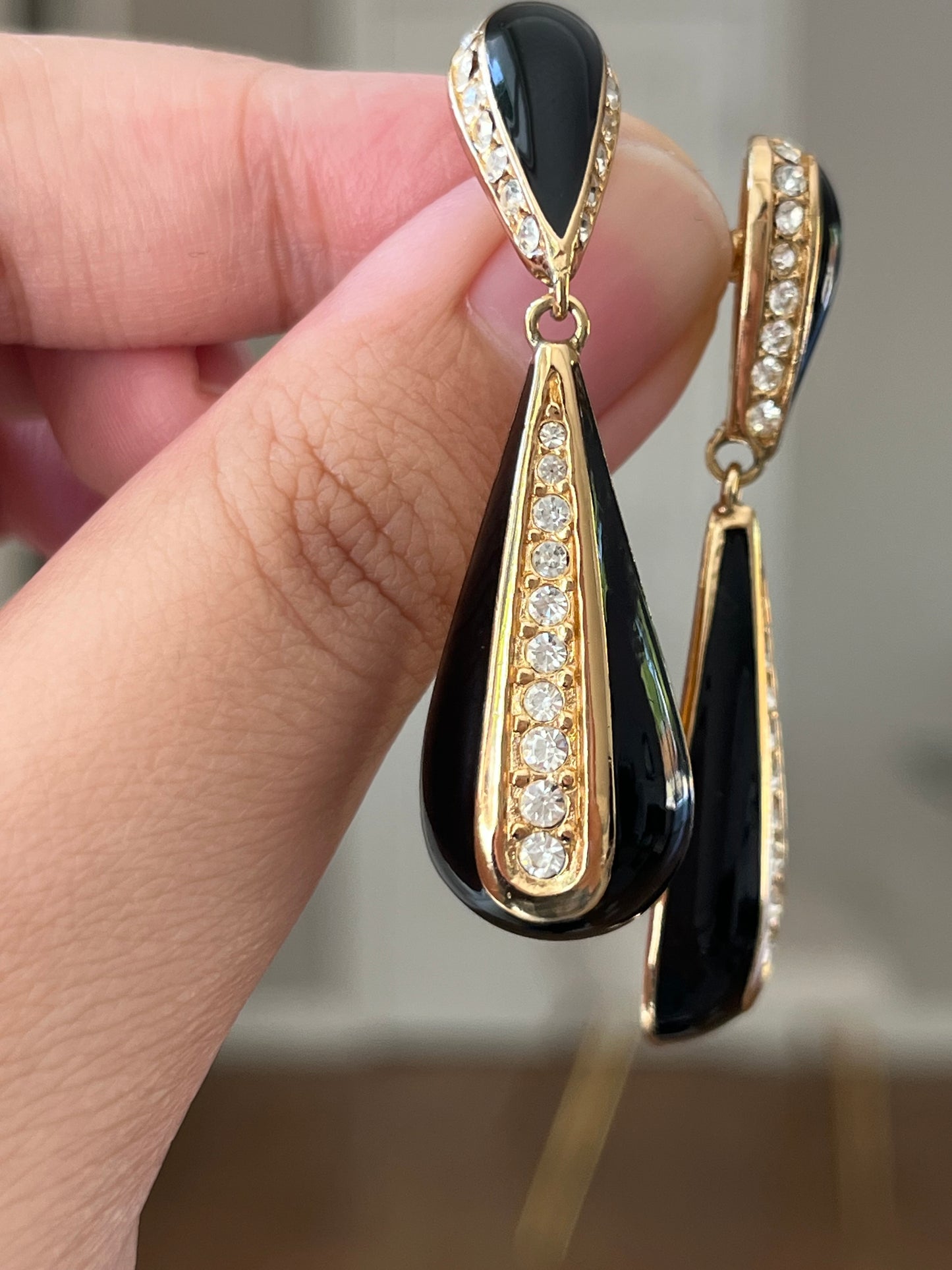 Vintage Christian Dior Teardrop Dangle Drop Black Enamel Rhinestone Gold-Tone 14k Gold Post Pierced Earrings
