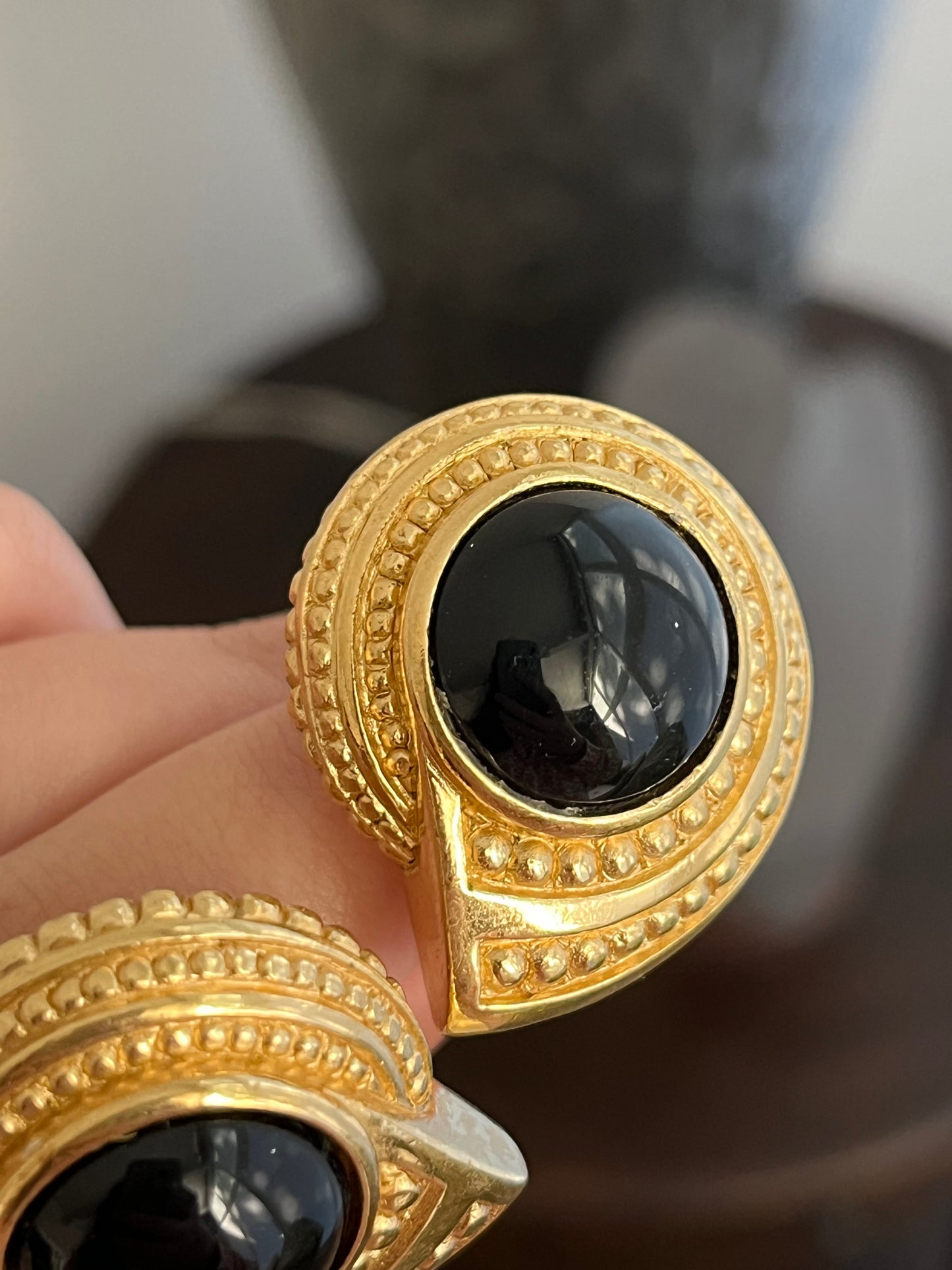 Vintage Christian Dior Sea Shell Round Black Poured Glass Cabochon Swirl Dotted Edge Gold-Plated Clip-On Earrings