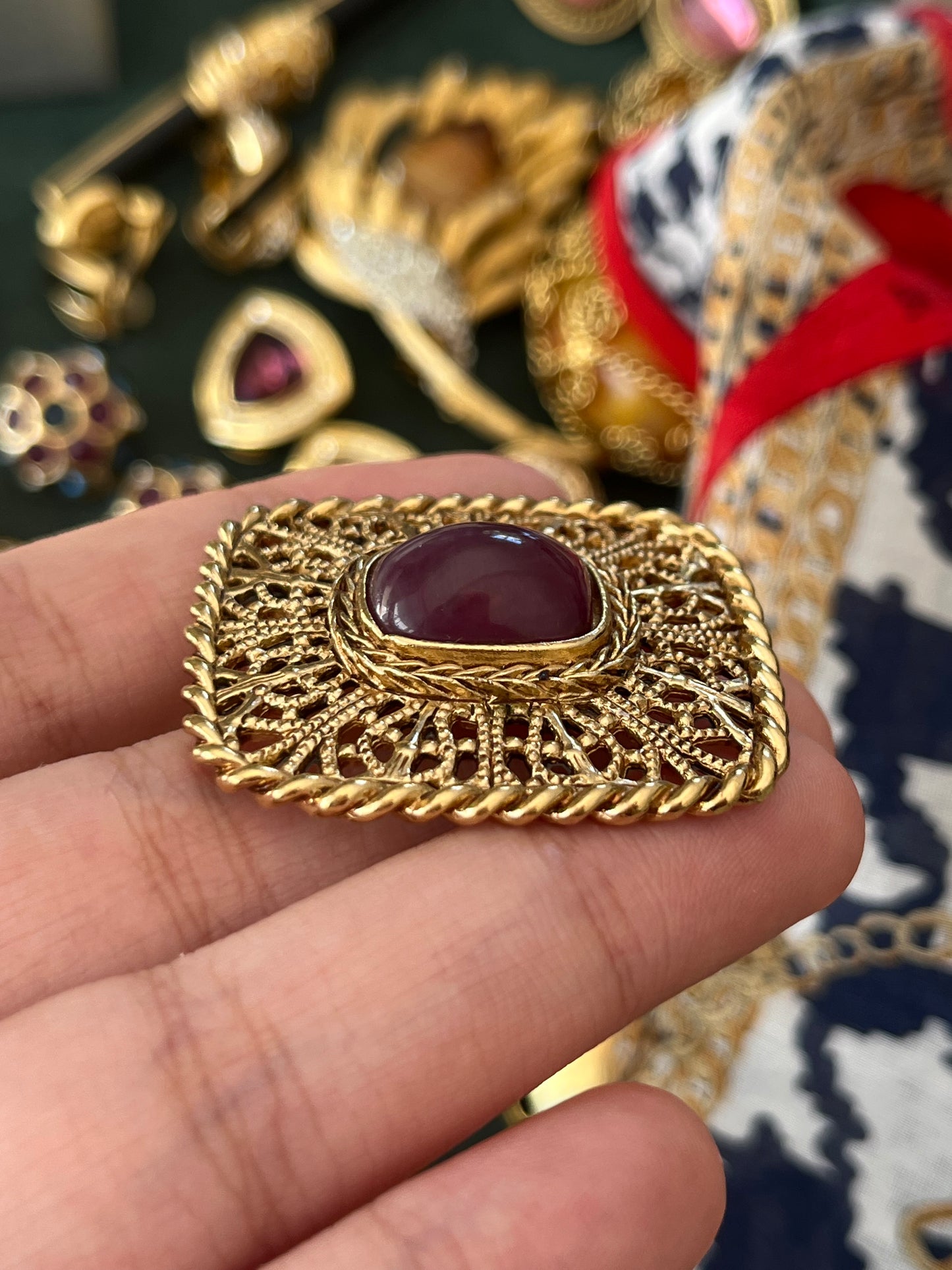 Vintage Givenchy "Filigree" Collection Book Piece Purple Resin Cabochon Rectangular Gold-Plated Brooch