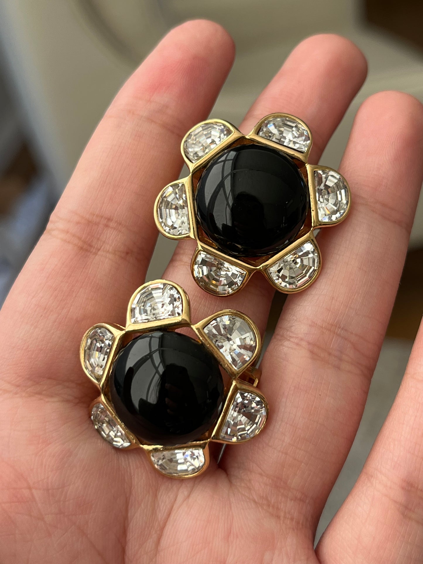 Vintage Christian Dior Flower Round Black Poured Glass Cabochon Large Rhinestone Pedal Gold-Plated Clip-On Earrings