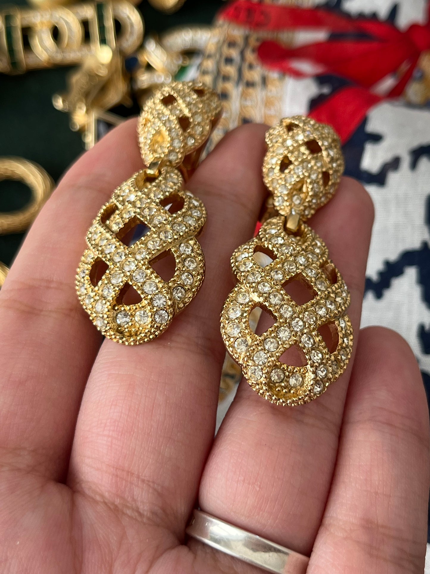 Vintage Christian Dior "Lace" Collection Hollow Braided Teardrop Dangle Drop Rhinestone Gold-Tone Clip-On Earrings