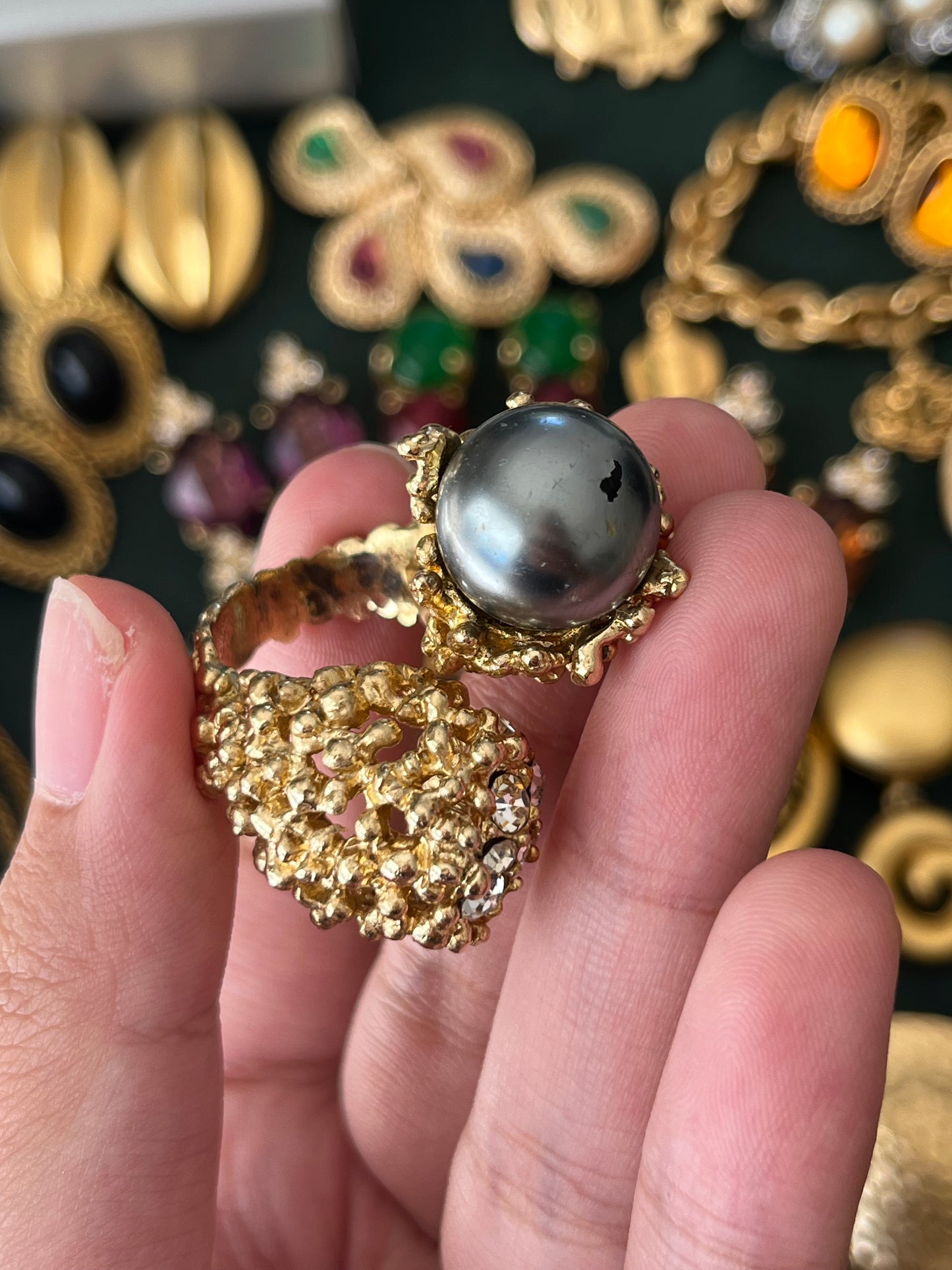 Vintage Grossé (Christian Dior) 1966 Faux Grey Tahitian Pearl Irregular Nugget Gold-Plated Adjustable Open Cocktail Ring