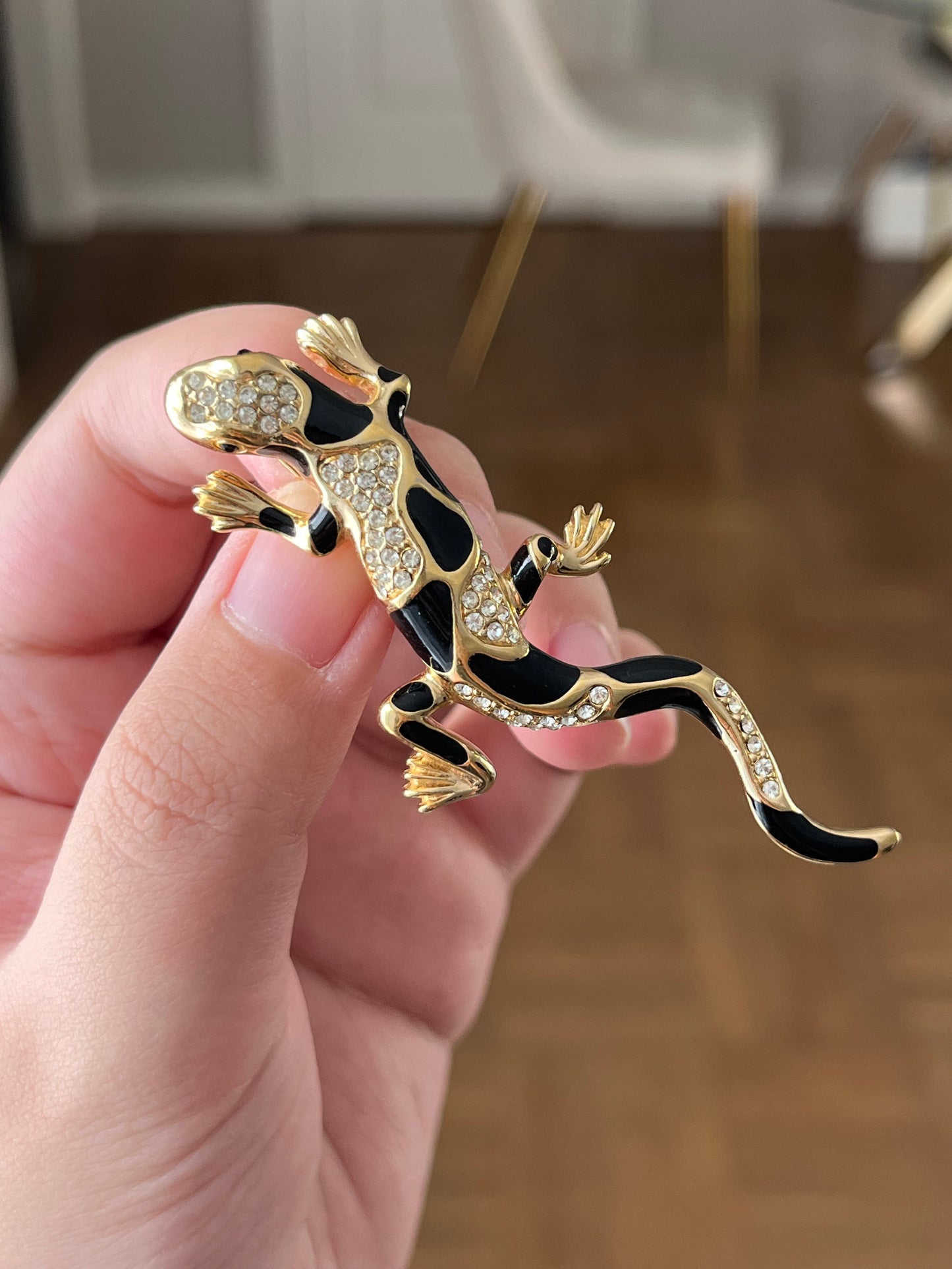 Vintage Christian Dior "Zoo" Collection Lizard Black Enamel Rhinestone Gold-Tone Brooch