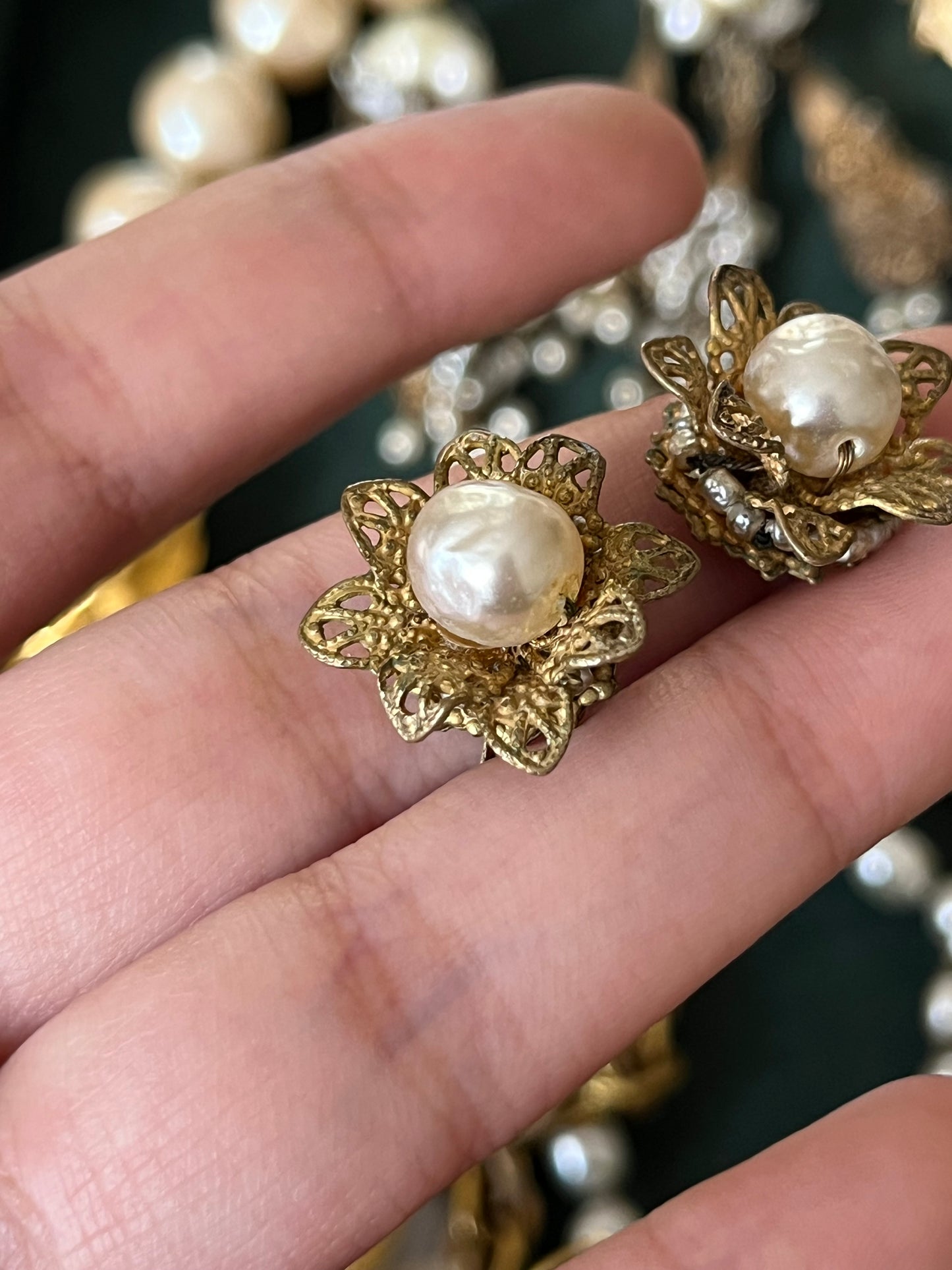 Vintage Miriam Haskell Classic "Niki" Baroque Glass Pearl Bronze-Tone Filigree Screw Back Clip-On Earrings