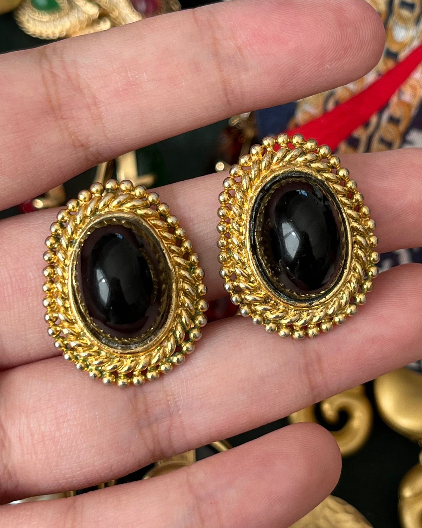 Vintage Christian Dior 1971 Irregular Black Poured Glass Cabochon Dotted Braided Edge Gold-Tone Clip-On Earrings