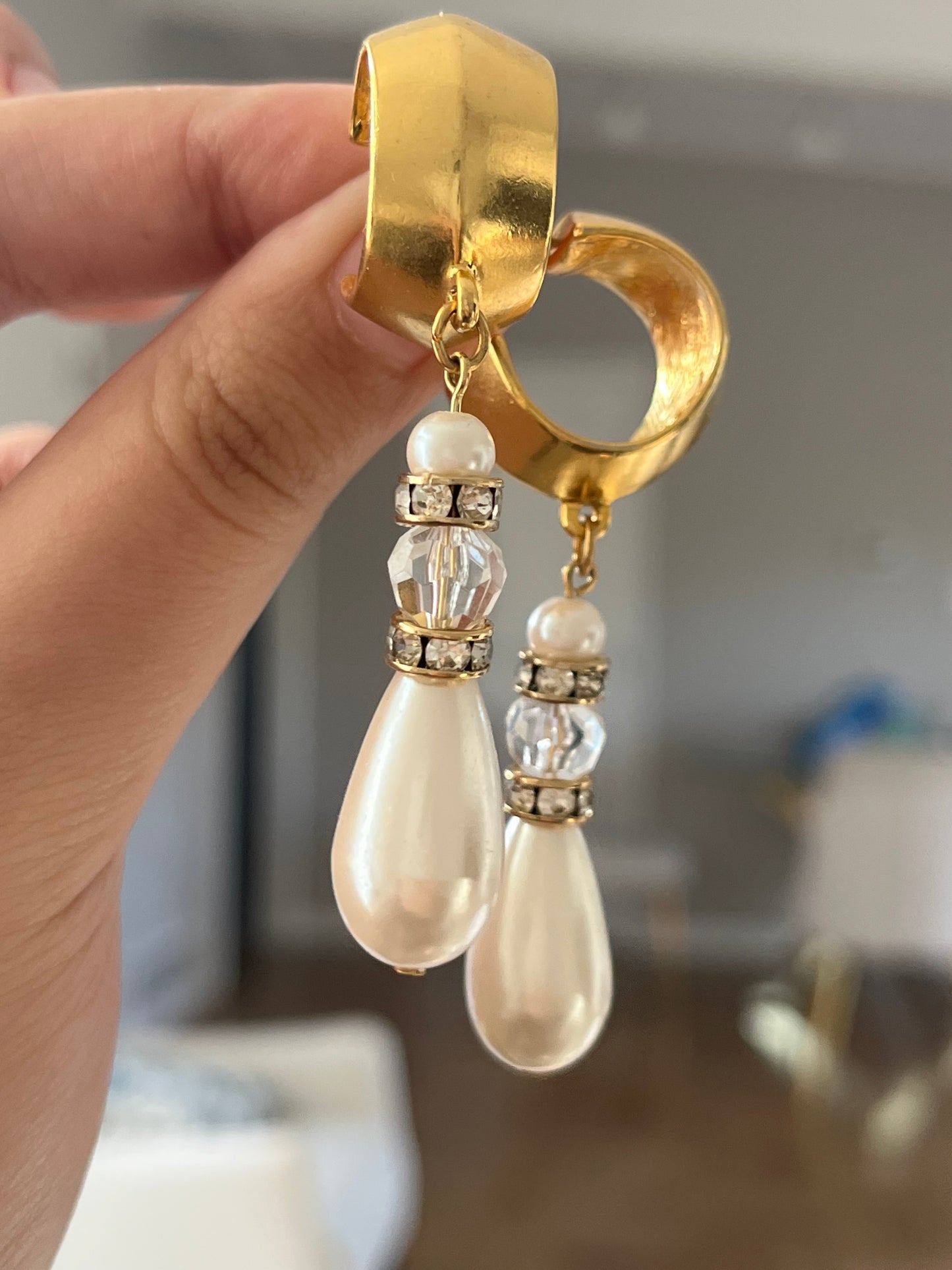 Vintage Givenchy Matte Gold Hoop Crystal Teardrop Pearl Dangle Drop  Long Shoulder Brush Sterling Silver Post Pierced Earrings