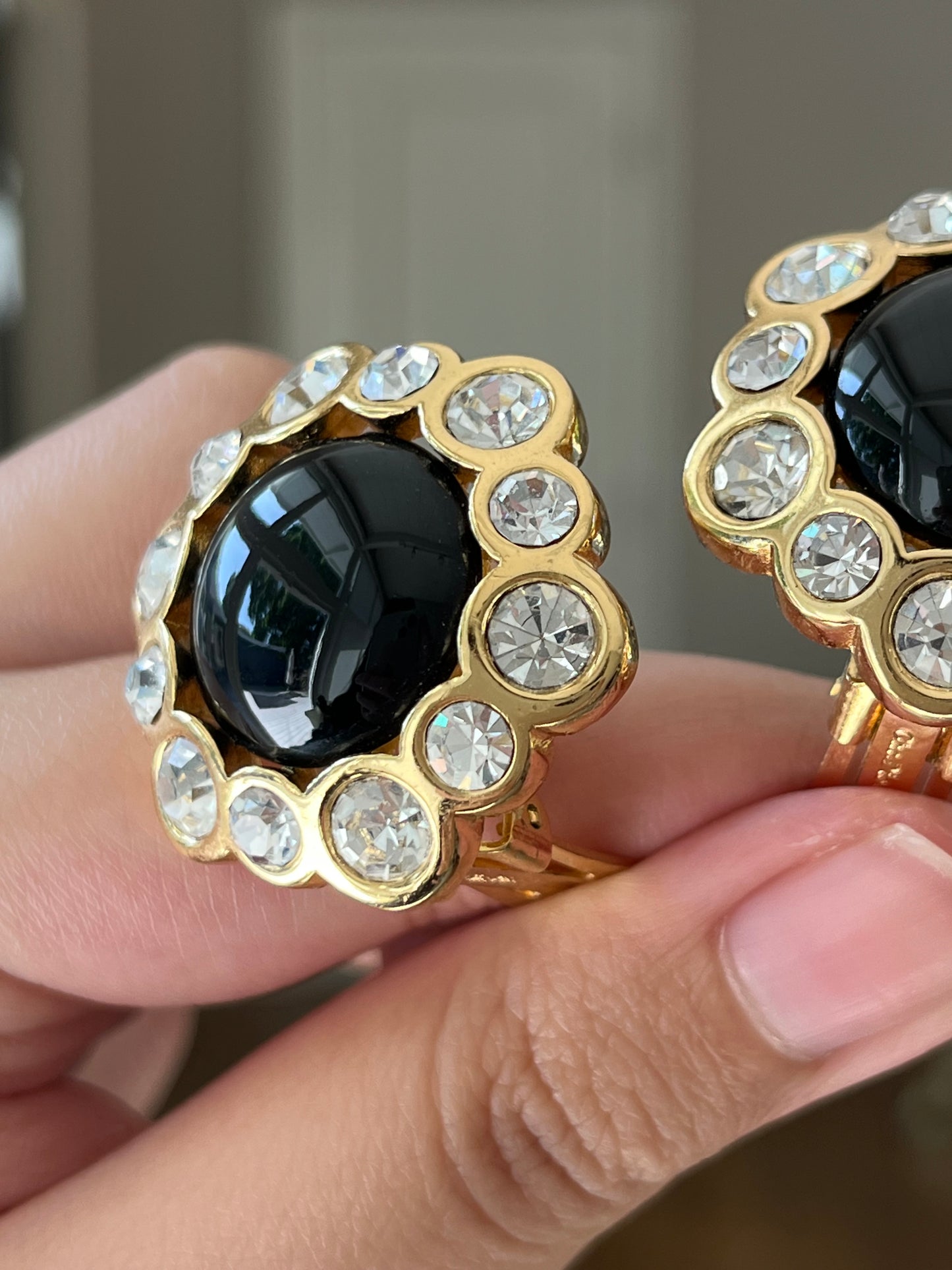 Vintage Christian Dior Flower Round Black Poured Glass Cabochon Large Rhinestone Edge Gold-Tone Clip-On Earrings