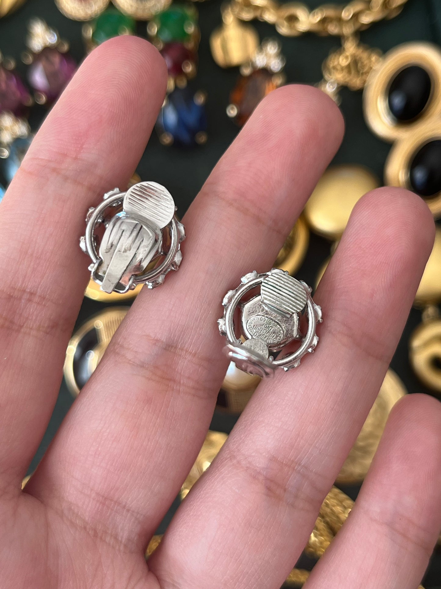 Vintage Christian Dior 1960 Pearl with Rhinestone Edge Mini Round Silver-Tone Clip-On Earrings