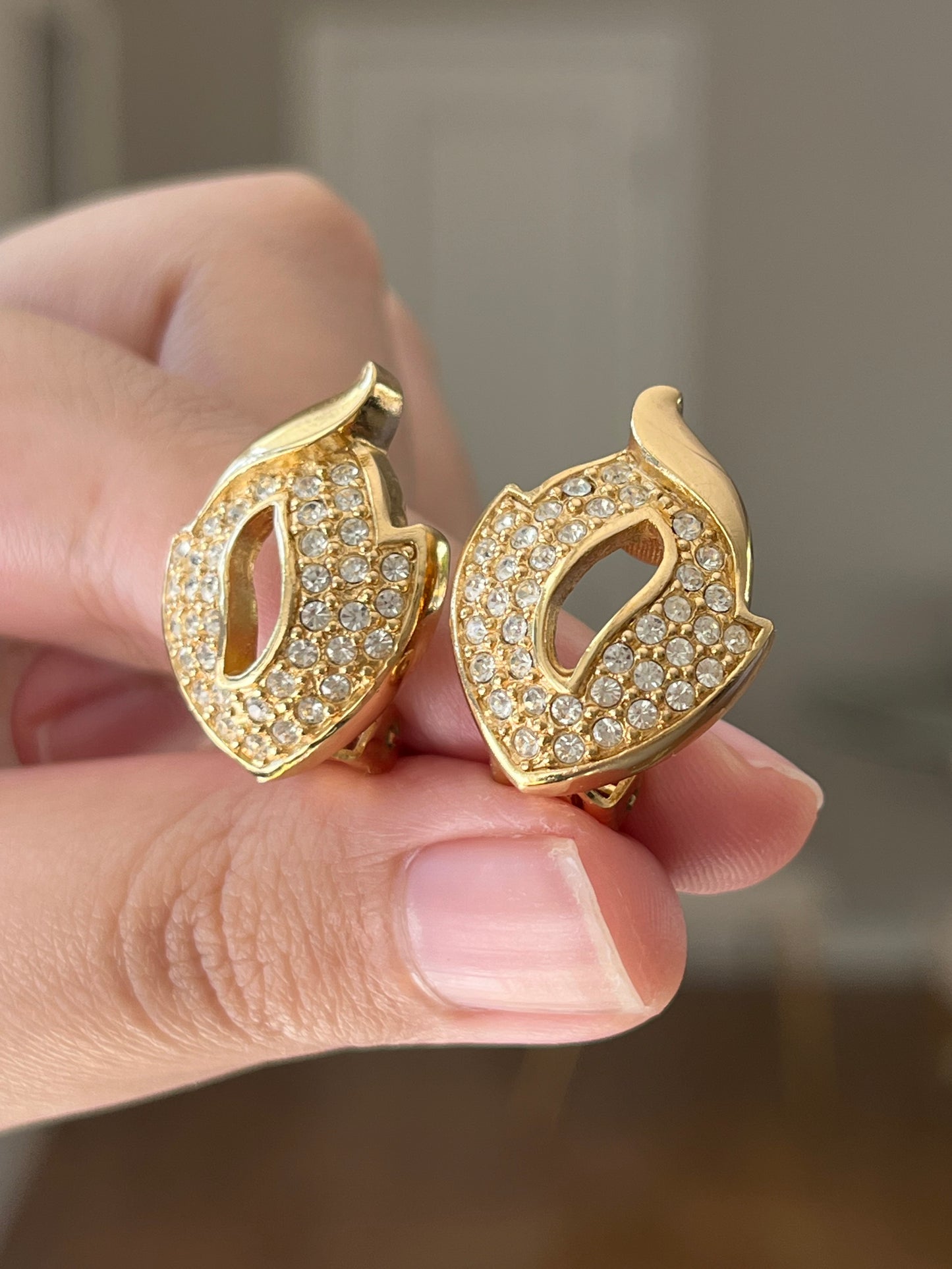 Vintage Christian Dior Pedal Flame Rhinestone Pavé Gold-Tone Clip-On Earrings