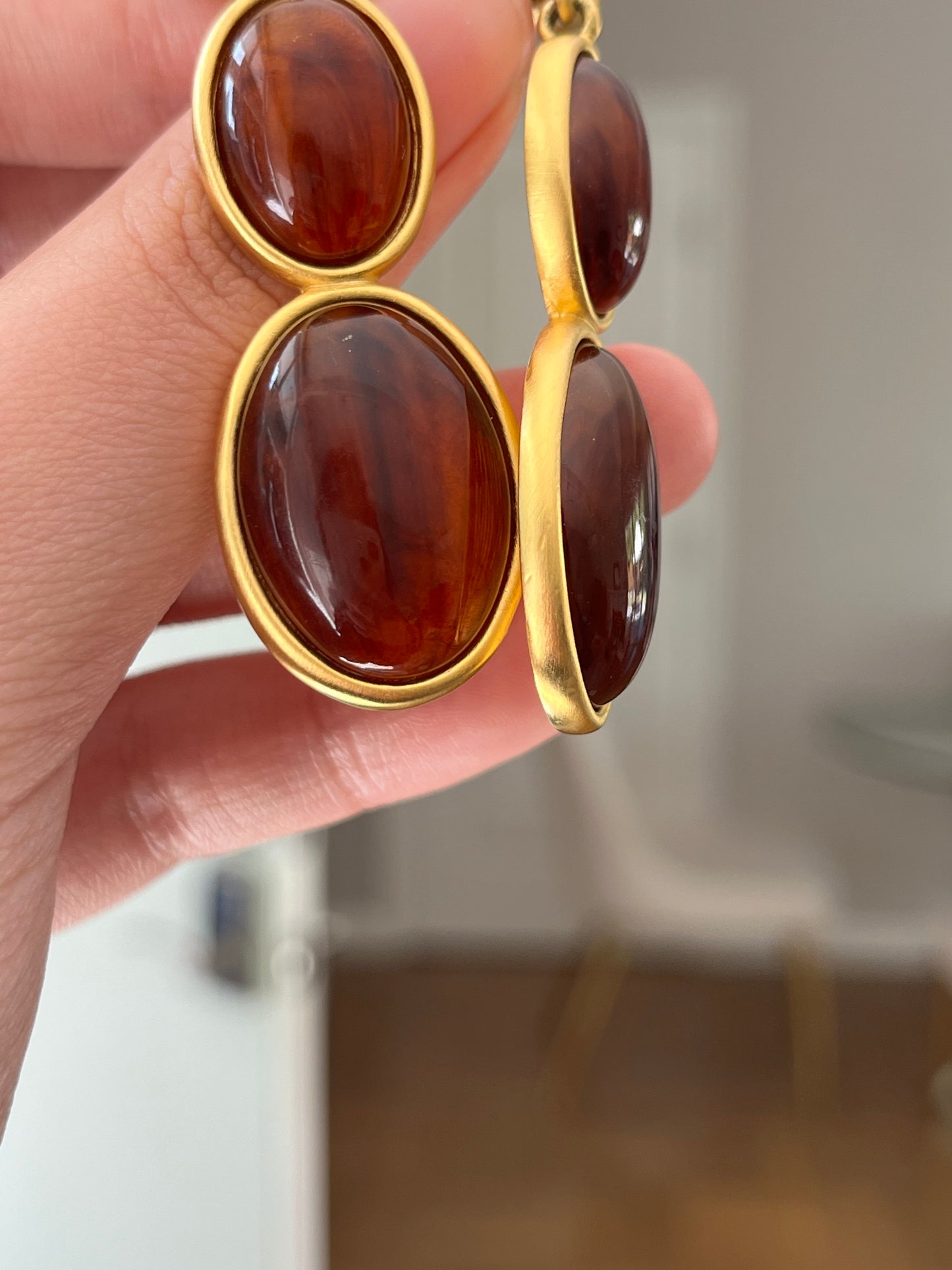 Vintage Givenchy Oval Amber Swirly Resin Cabochon Dangle Drop Long Shoulder Brush Matte Gold-Tone Clip-On Earrings