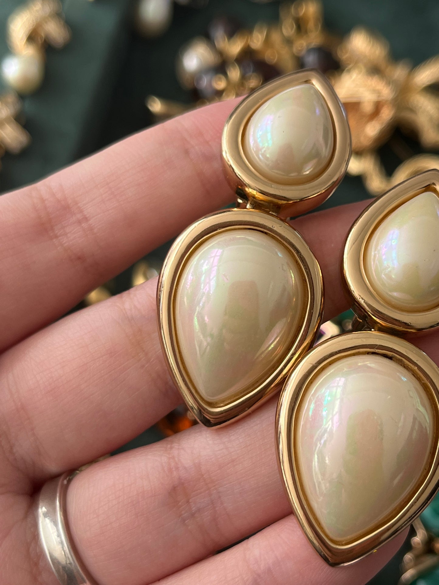 Vintage Christian Dior Teardrop Pearl Cabochon Dangle Drop Gold-Tone Clip-On Earrings