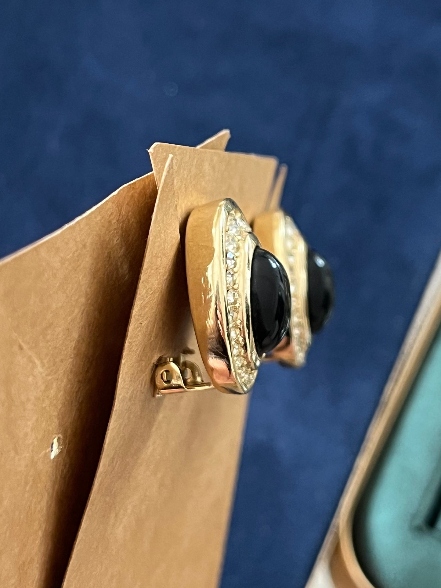 Vintage Christian Dior Oval Black Poured Glass Cabochon Rhinestone Edge Gold-Tone Clip-On Earrings