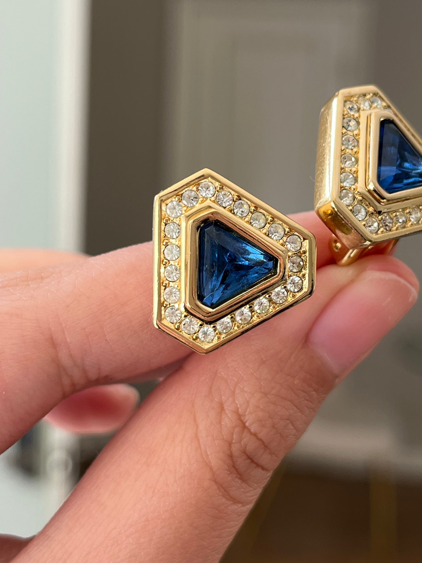 Vintage Christian Dior Triangular Blue Molded Glass Cabochon Rhinestone Gold-Tone Clip-On Earrings