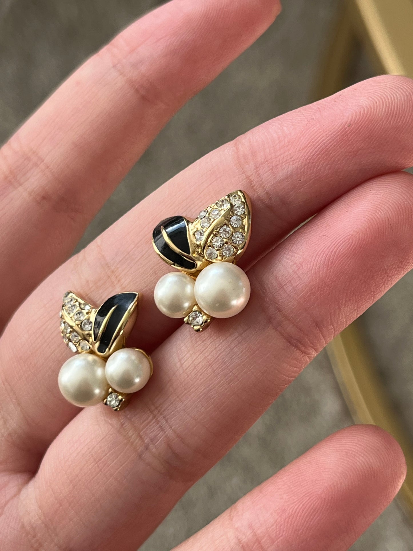 Vintage Christian Dior Fruit Round Pearl Black Enamel Rhinestone Pavé Gold-Tone 14k Gold Post Mini Pierced Earrings