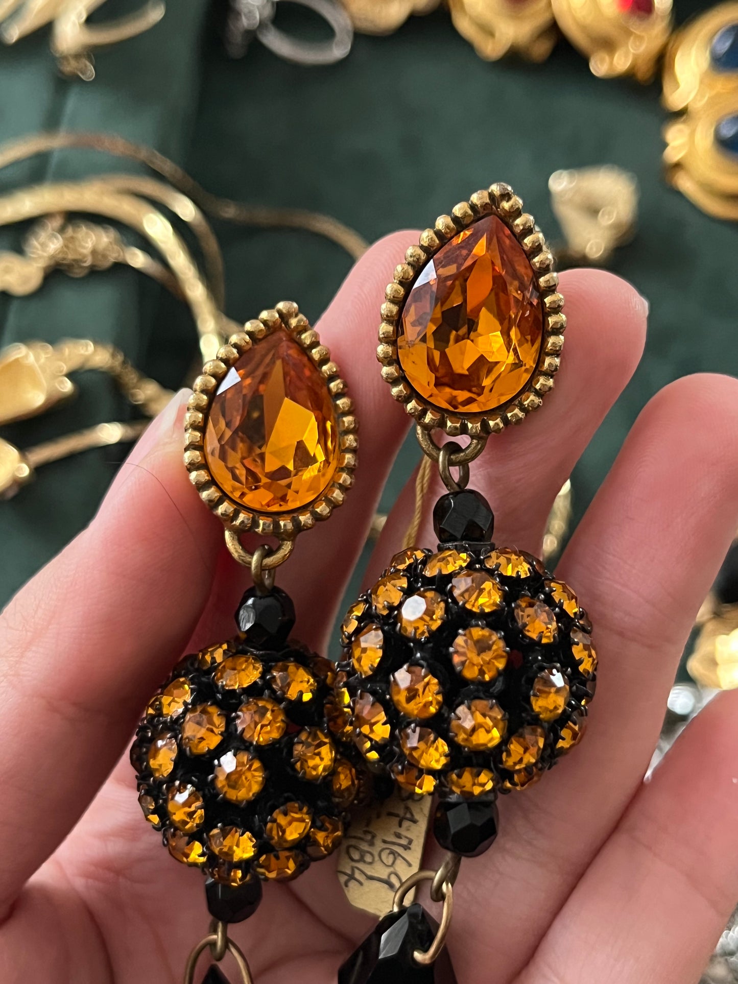 Vintage Yves Saint Laurent Rive Gauche YSL Orange Rhinestone Ball Dangle Drop Long Shoulder Brush Gold-Tone Clip-On Earrings
