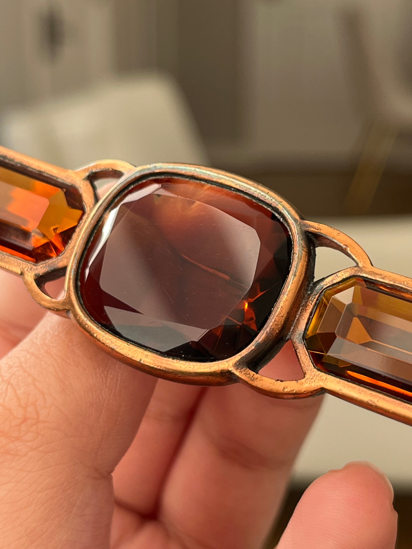 Vintage Yves Saint Laurent YSL Large Open Back Brown Rhinestone Rose Gold-Tone Bar Brooch