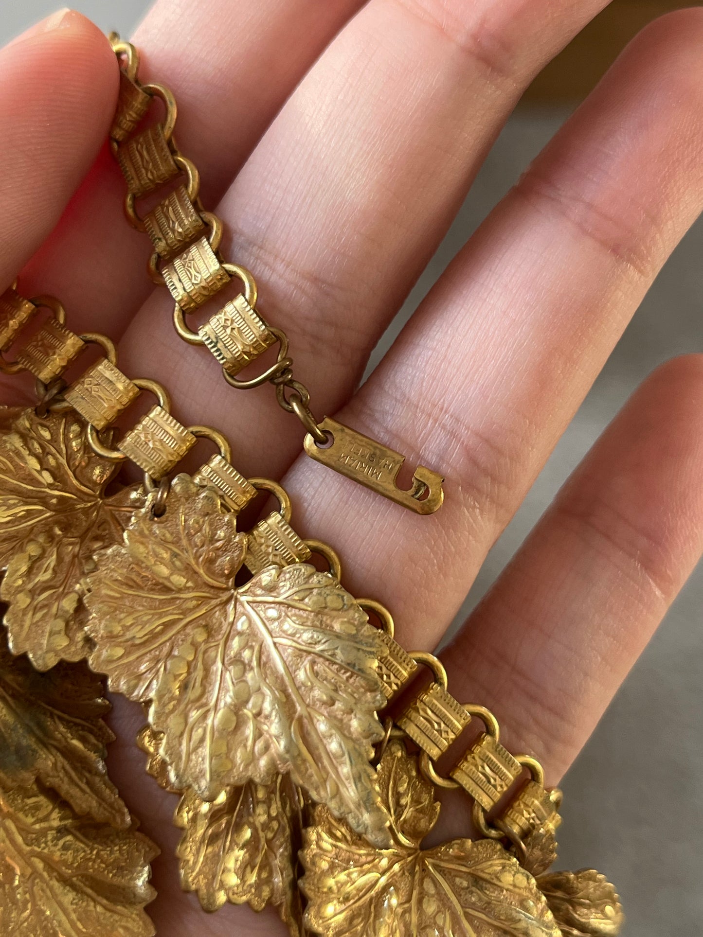 Vintage Miriam Haskell "Vine" Collection Vine Leaf Droplet Bib Collar Bronze Gold-Tone Statement Necklace