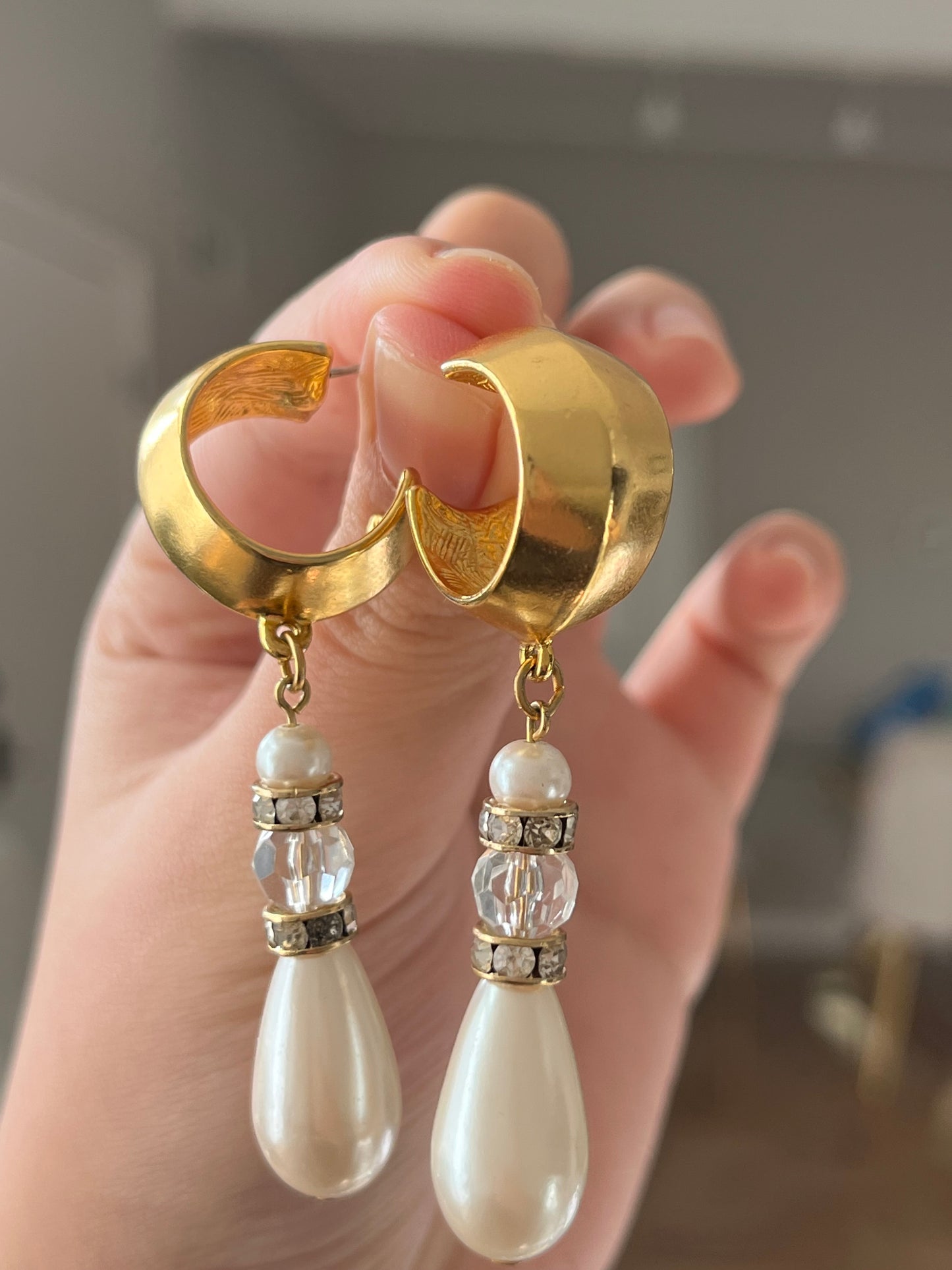 Vintage Givenchy Matte Gold Hoop Crystal Teardrop Pearl Dangle Drop  Long Shoulder Brush Sterling Silver Post Pierced Earrings