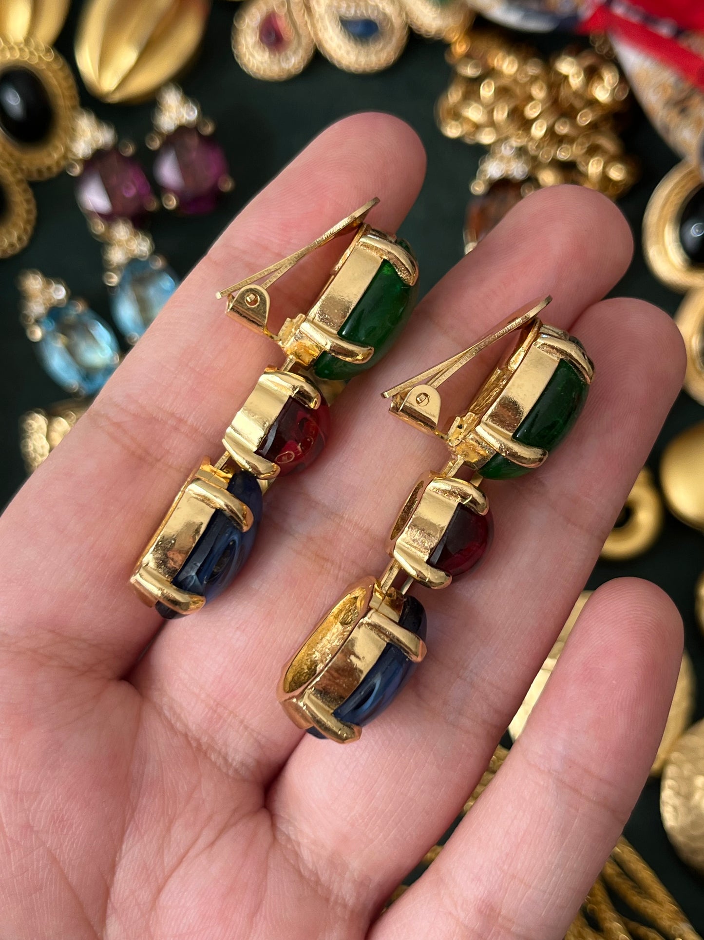 Vintage Christian Dior Tri-Color Oval Poured Swirly Glass Cabochon Prong Drop Gold-Tone Clip-On Earrings