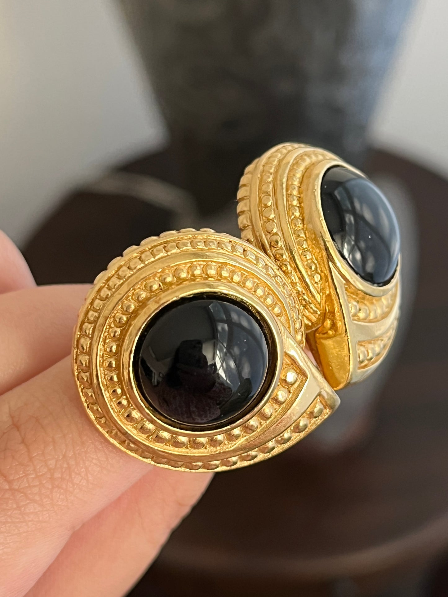 Vintage Christian Dior Sea Shell Round Black Poured Glass Cabochon Swirl Dotted Edge Gold-Plated Clip-On Earrings