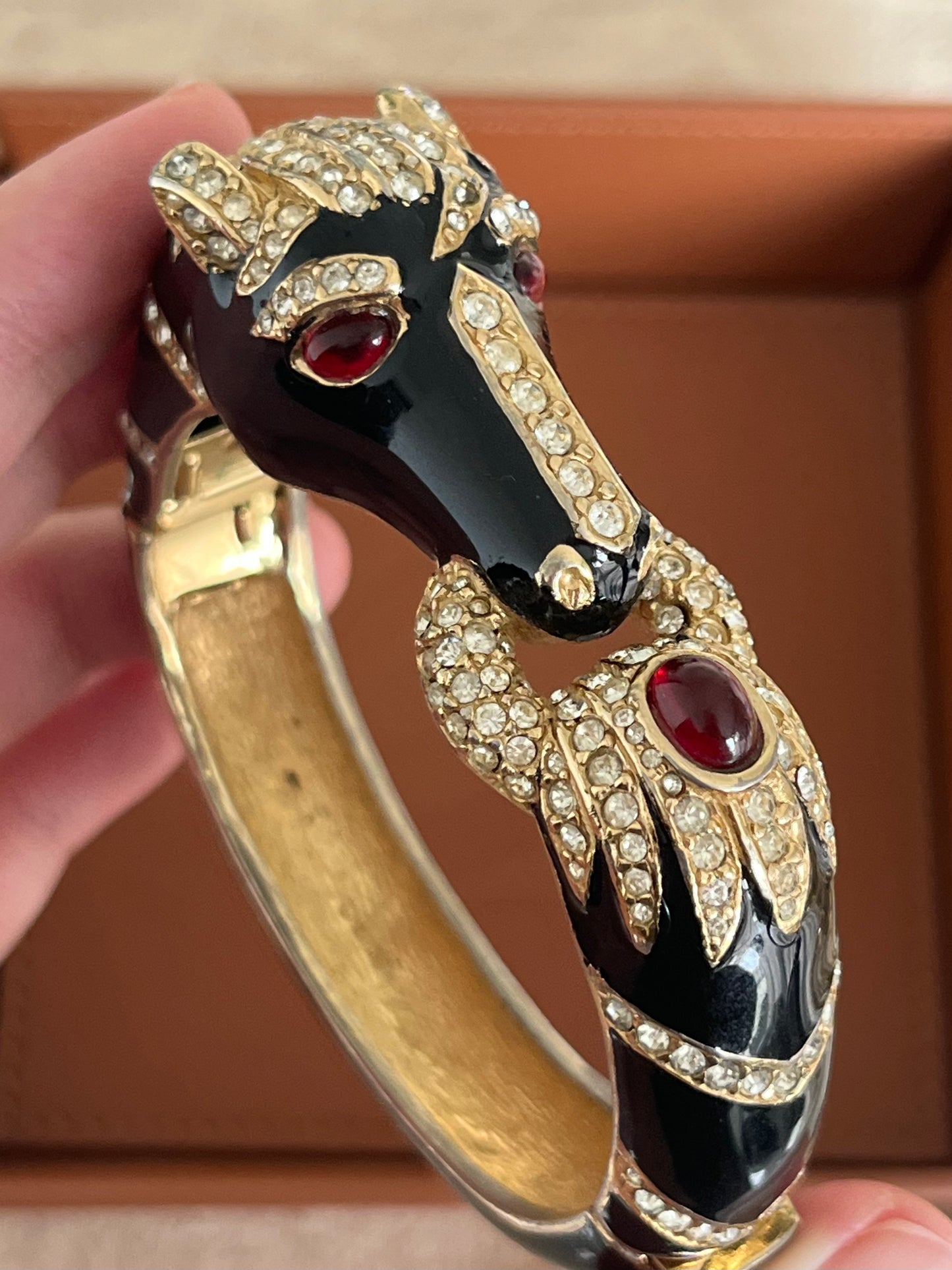 Vintage Ciner "Scultural Animal Head" Collection Horse Red Poured Glass Cabochon Black Enamel Rhinestone Pavé Bangle