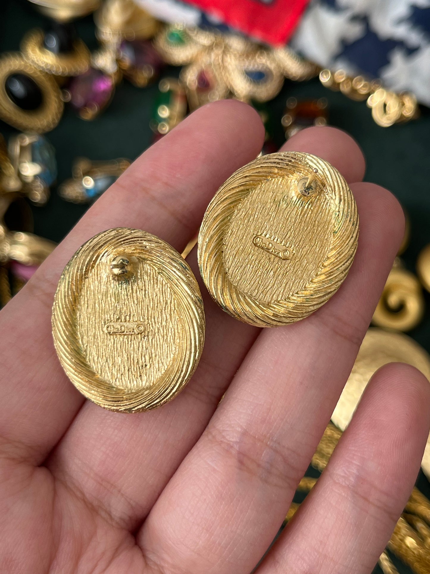 Vintage Christian Dior Oval Black Poured Glass Cabochon Brushed Gold Edge 14k Gold Post Pierced Earrings