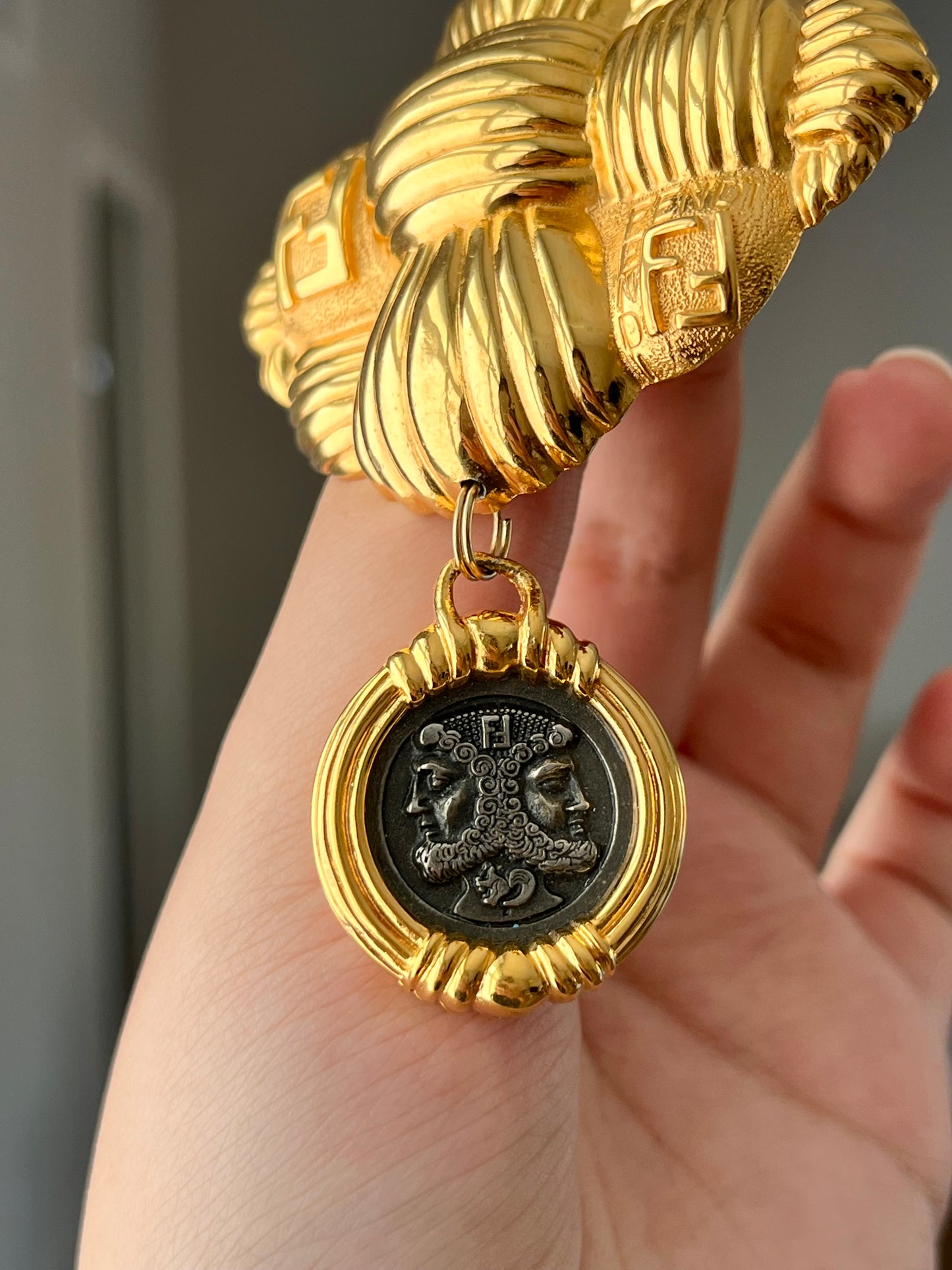 Vintage Fendi "Braided Croissant" Collection Double-F Logo Cameo Patinated Antique-Style Coin Drop Dangle Gold-Tone Brooch