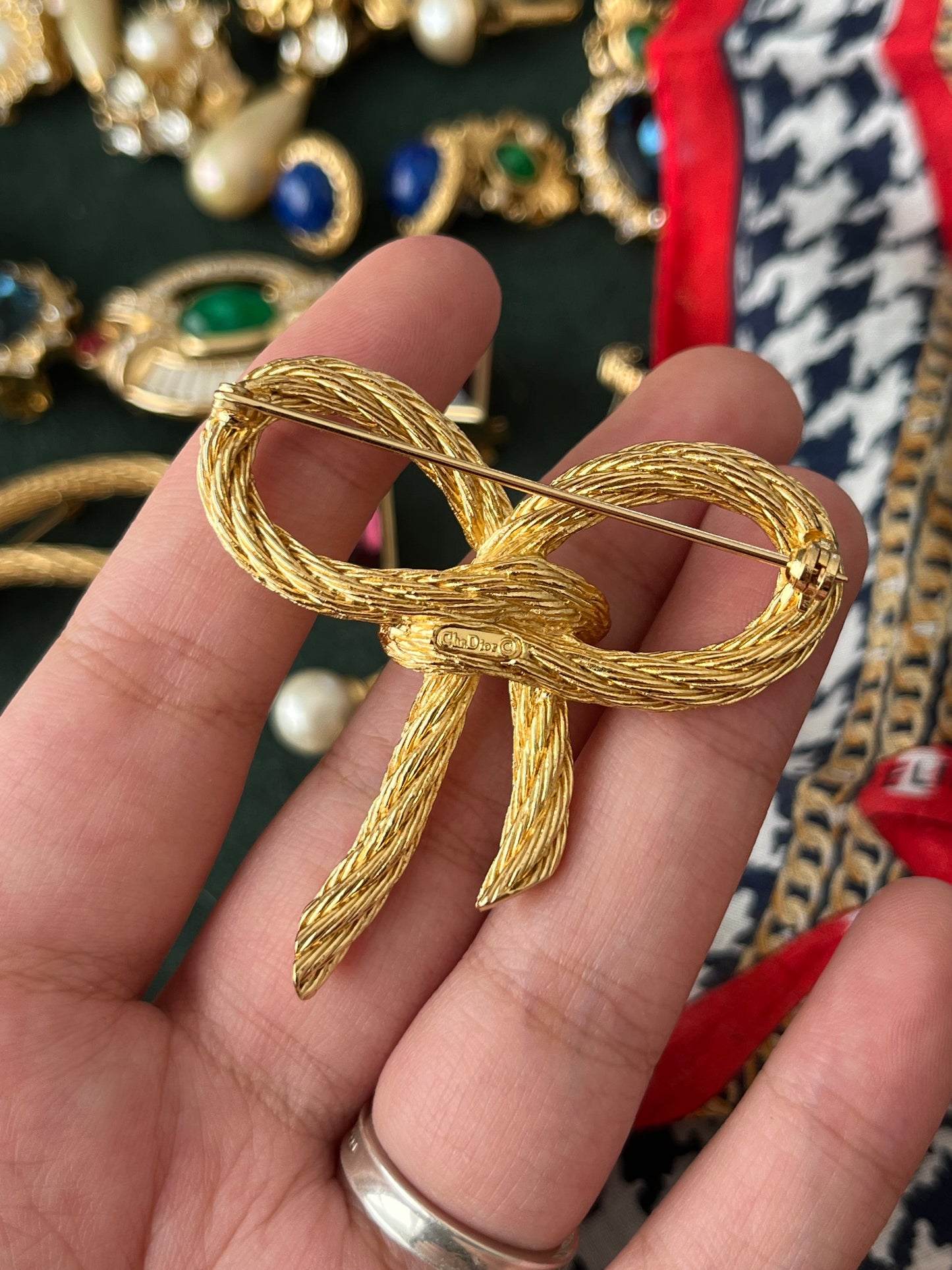 Vintage Christian Dior "Rope" Collection Bow Tie Butterfly Knot Braided Rope Brushed Gold-Tone Brooch