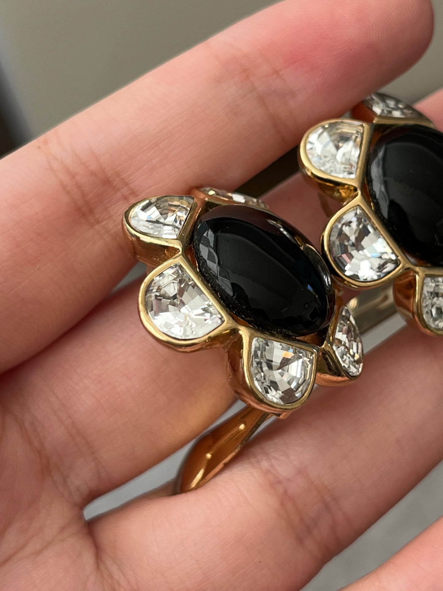 Vintage Christian Dior Flower Round Black Poured Glass Cabochon Large Rhinestone Pedal Gold-Plated Clip-On Earrings