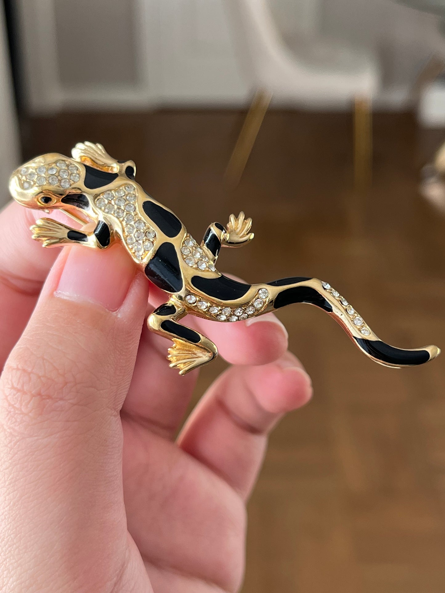 Vintage Christian Dior "Zoo" Collection Lizard Black Enamel Rhinestone Gold-Tone Brooch