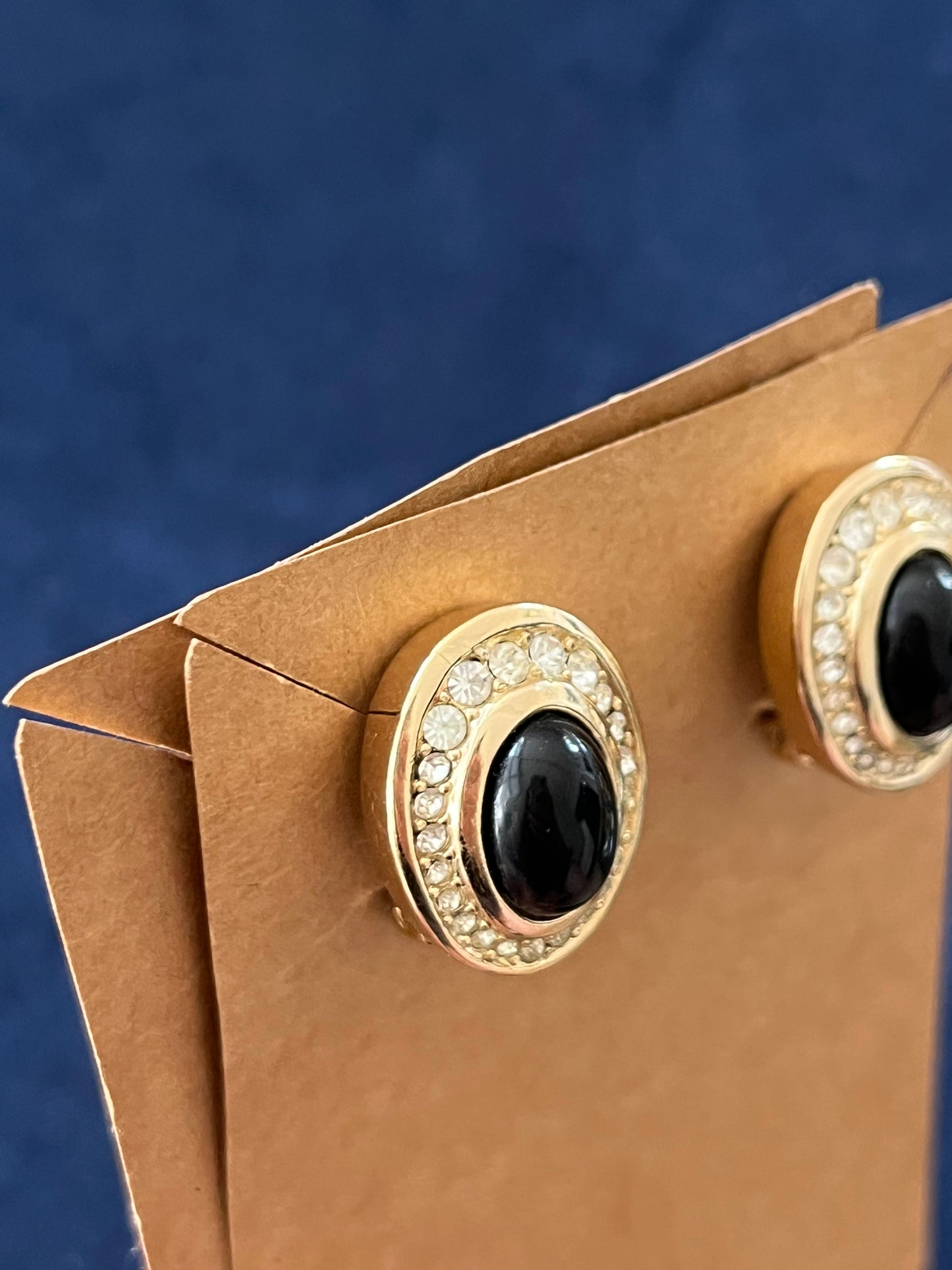 Vintage Christian Dior Oval Black Poured Glass Cabochon Rhinestone Edge Gold-Tone Clip-On Earrings