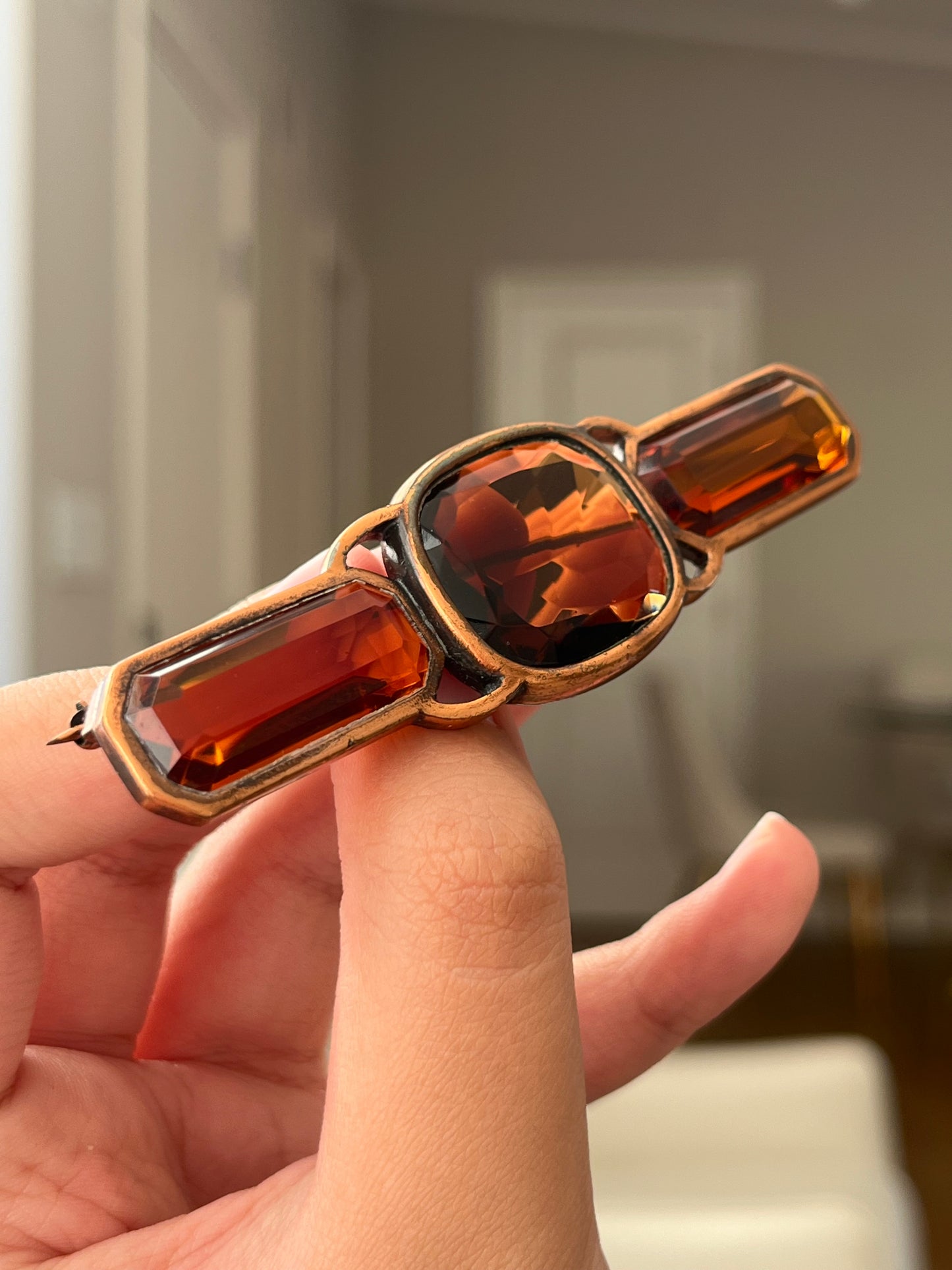 Vintage Yves Saint Laurent YSL Large Open Back Brown Rhinestone Rose Gold-Tone Bar Brooch