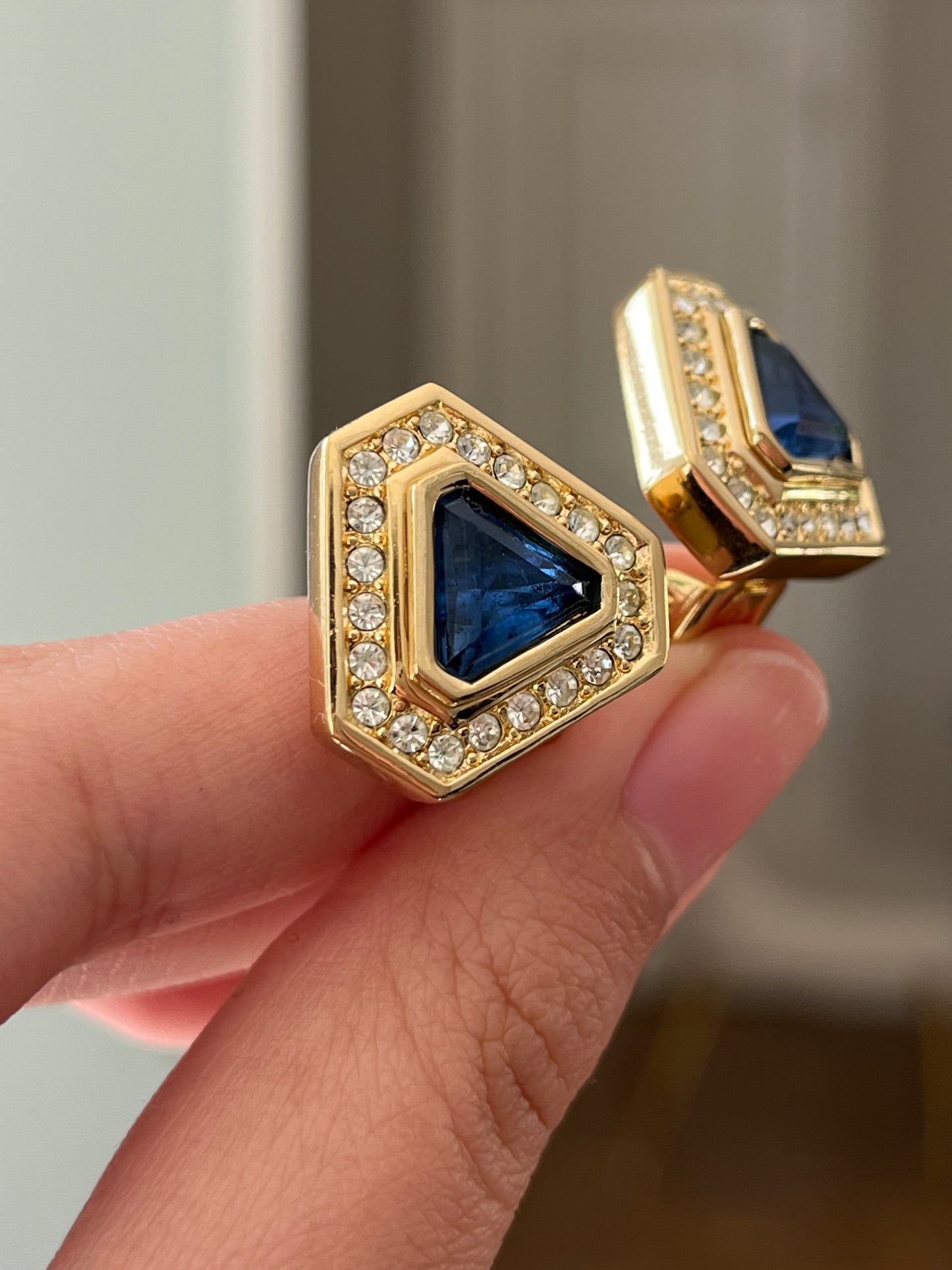 Vintage Christian Dior Triangular Blue Molded Glass Cabochon Rhinestone Gold-Tone Clip-On Earrings