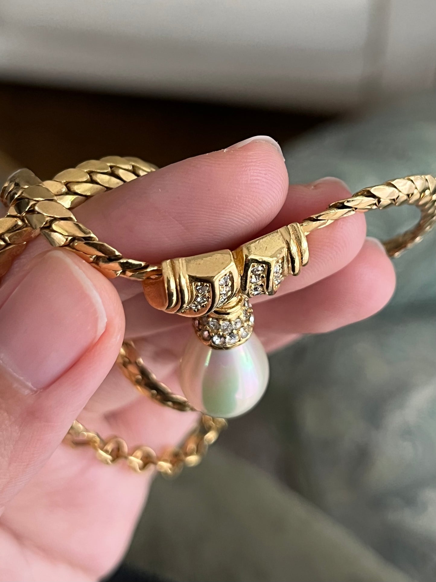 Vintage Christian Dior Rhinestone Knot Teardrop Pearl Drop Gold-Tone Necklace