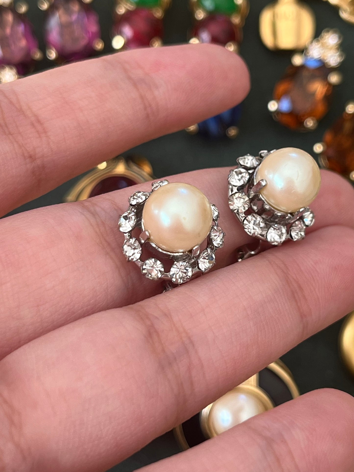 Vintage Christian Dior 1960 Pearl with Rhinestone Edge Mini Round Silver-Tone Clip-On Earrings