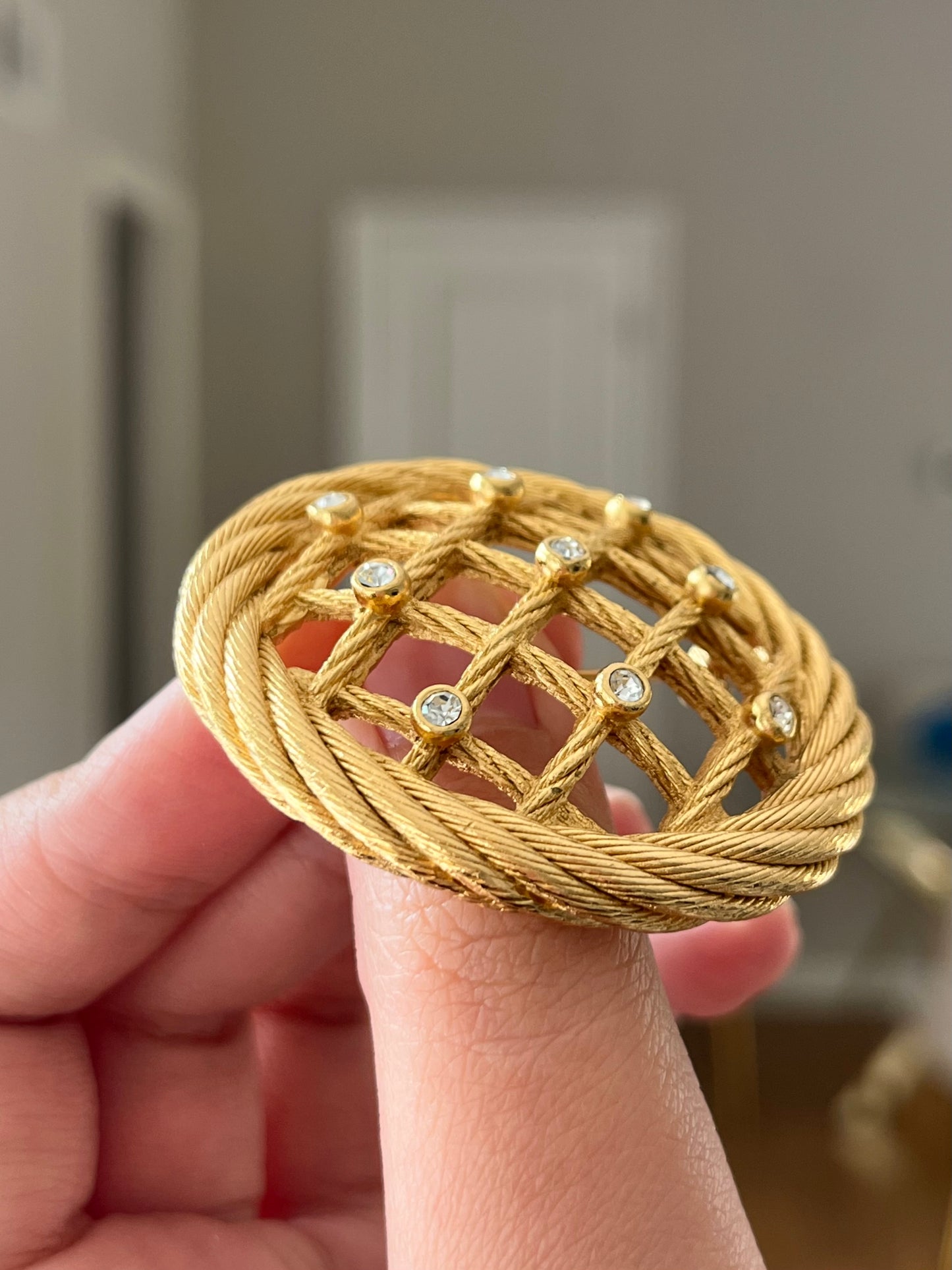 Vintage Christian Dior "Rope" Collection Dream Catcher Braided Knot Rhinestone Round Gold-Tone Brooch