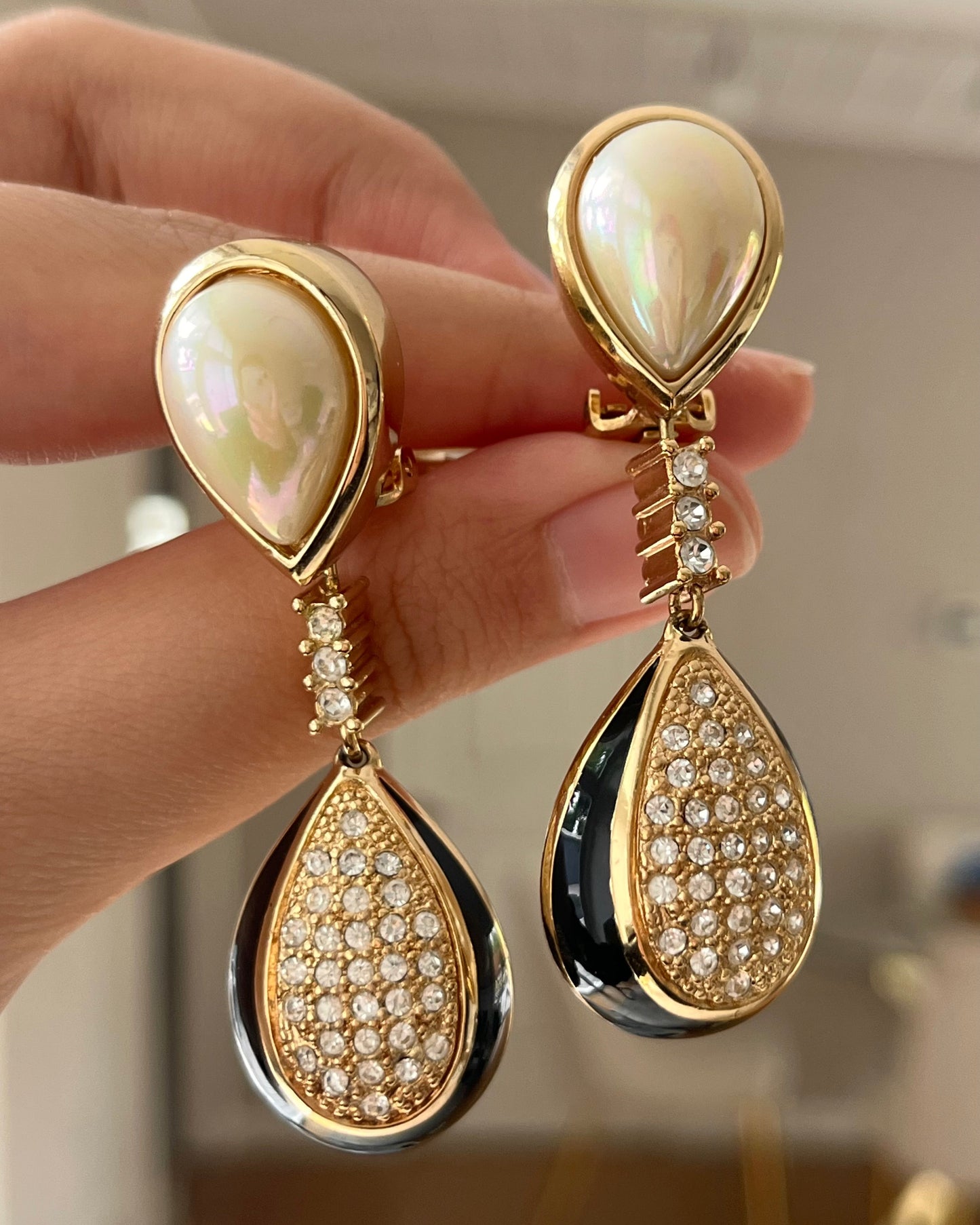Vintage Christian Dior Pearl Black Enamel Rhinestone Pavé Teardrop Dangle Drop Long Shoulder Brush Two-Side Gold-Tone Clip-On Earrings