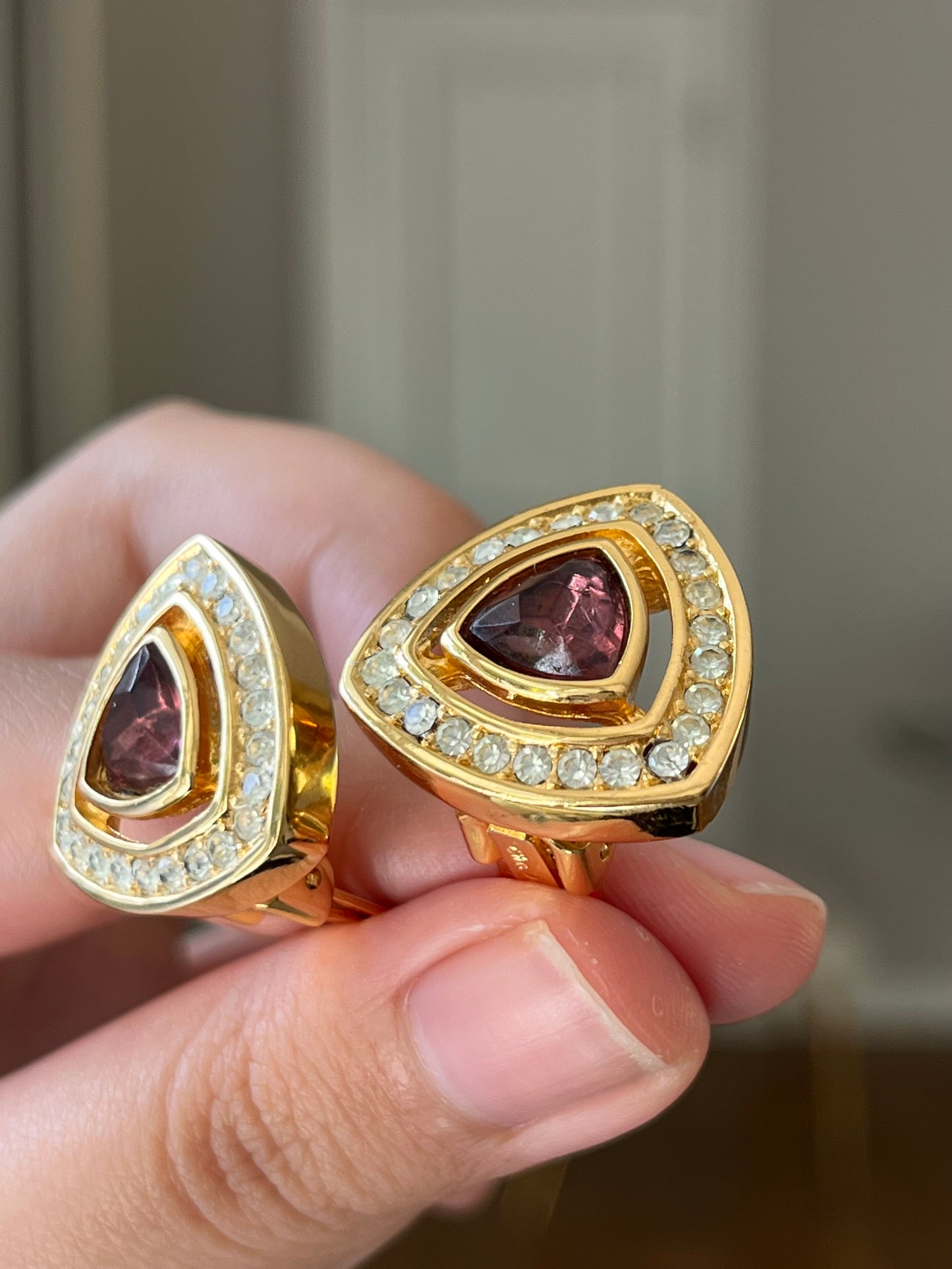 Vintage Christian Dior Triangular Purple Rhinestone Hollow Edge Gold-Tone Clip-On Earrings
