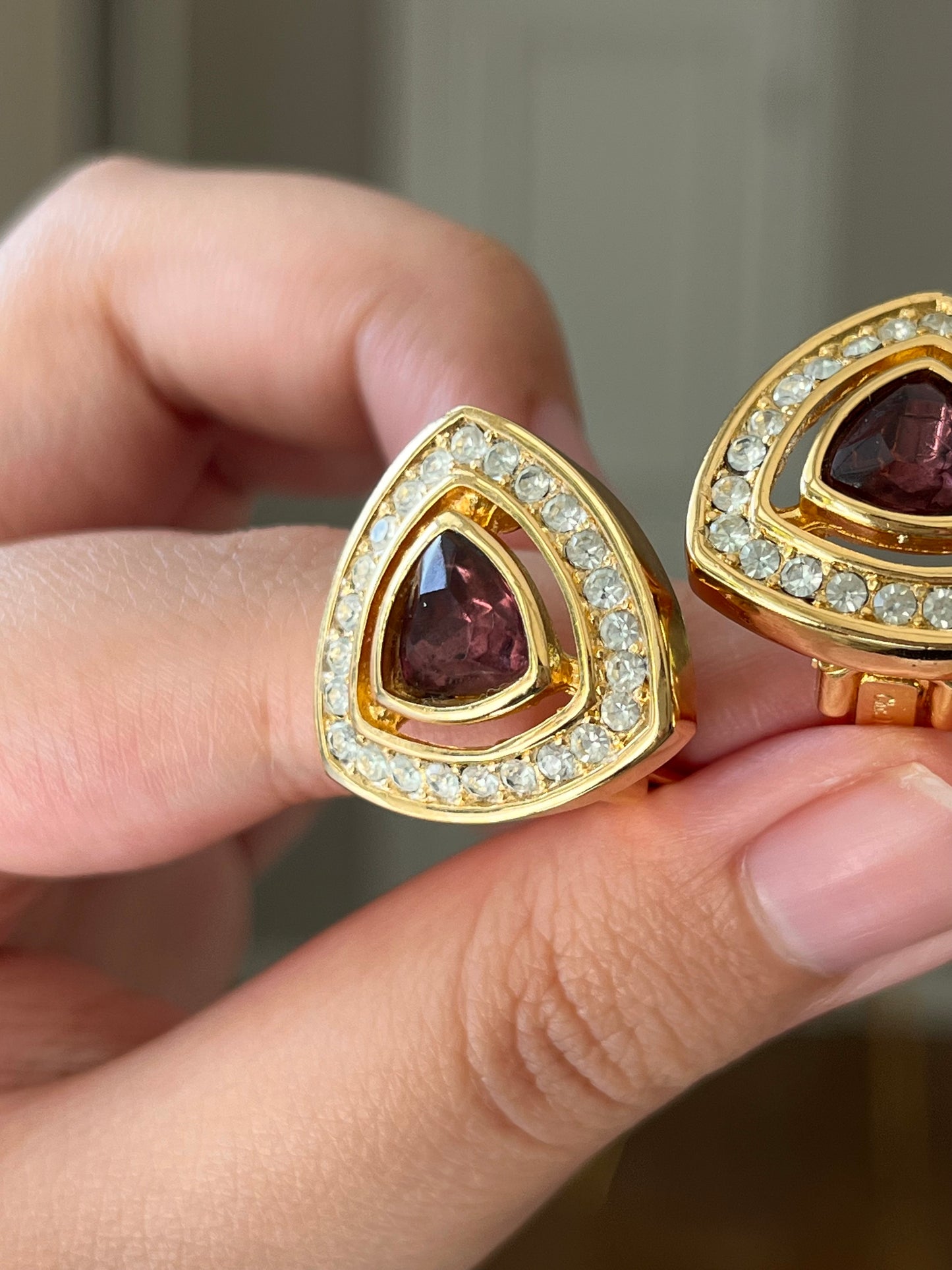 Vintage Christian Dior Triangular Purple Rhinestone Hollow Edge Gold-Tone Clip-On Earrings