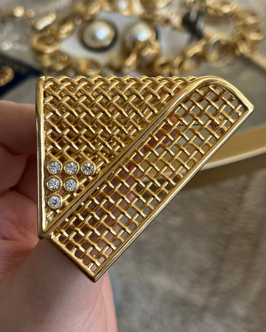 Vintage Christian Dior Origami Folded Mesh Triangle Rhinestone Gold-Tone Brooch