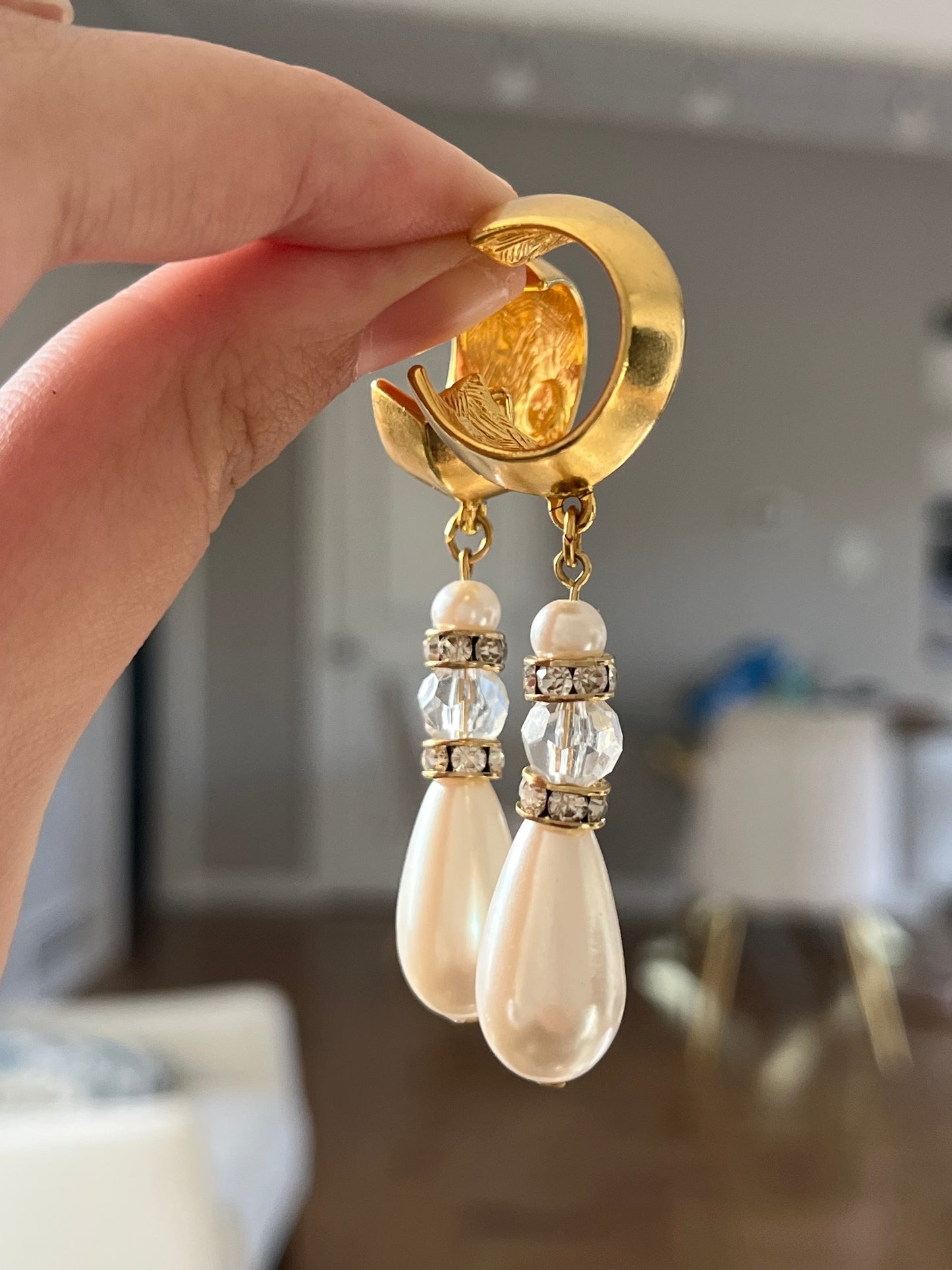 Vintage Givenchy Matte Gold Hoop Crystal Teardrop Pearl Dangle Drop  Long Shoulder Brush Sterling Silver Post Pierced Earrings