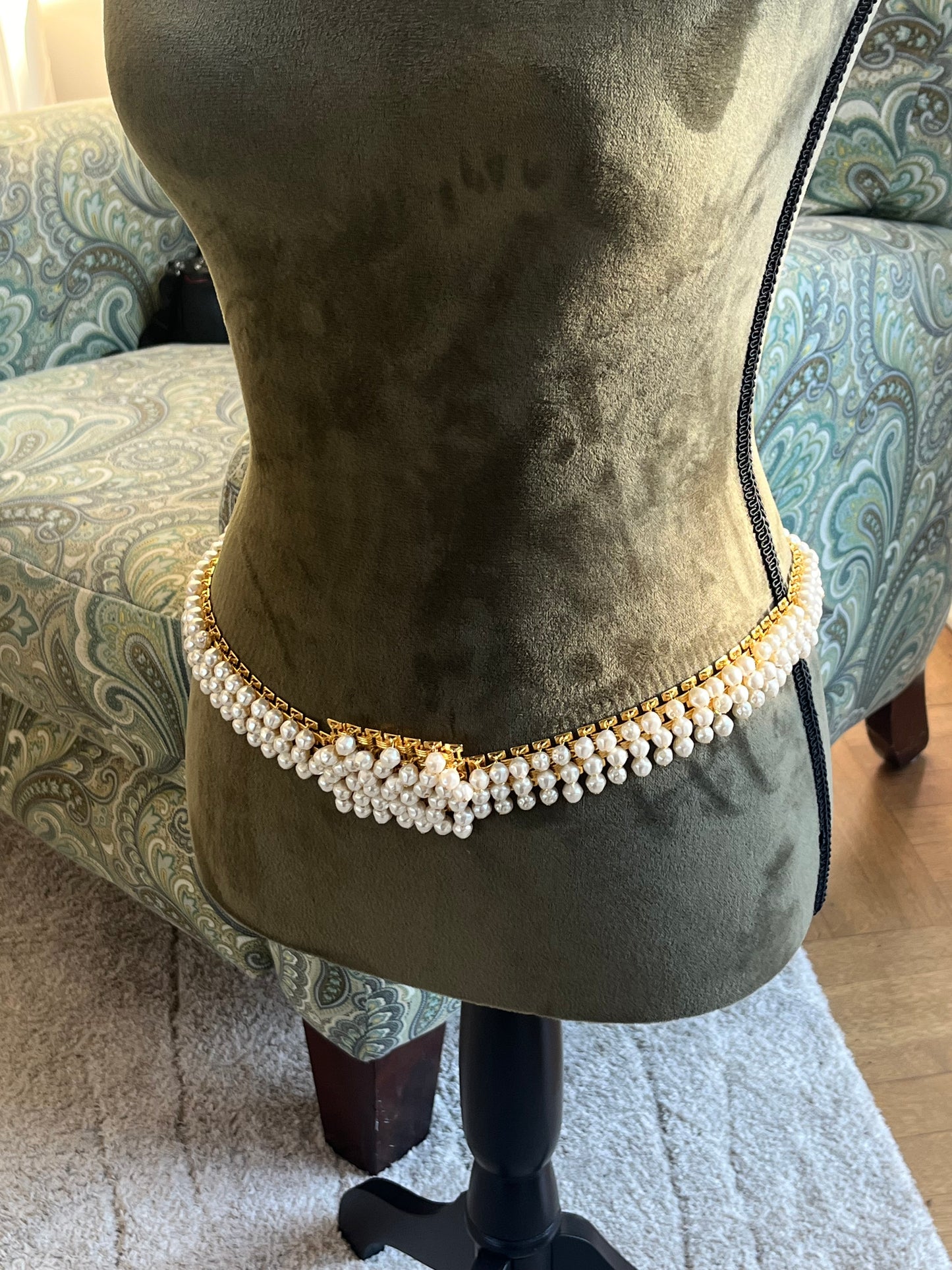 Vintage Christian Dior Baroque Pearl Tassel Droplet Gold-Tone Wide Waist Chain Belt