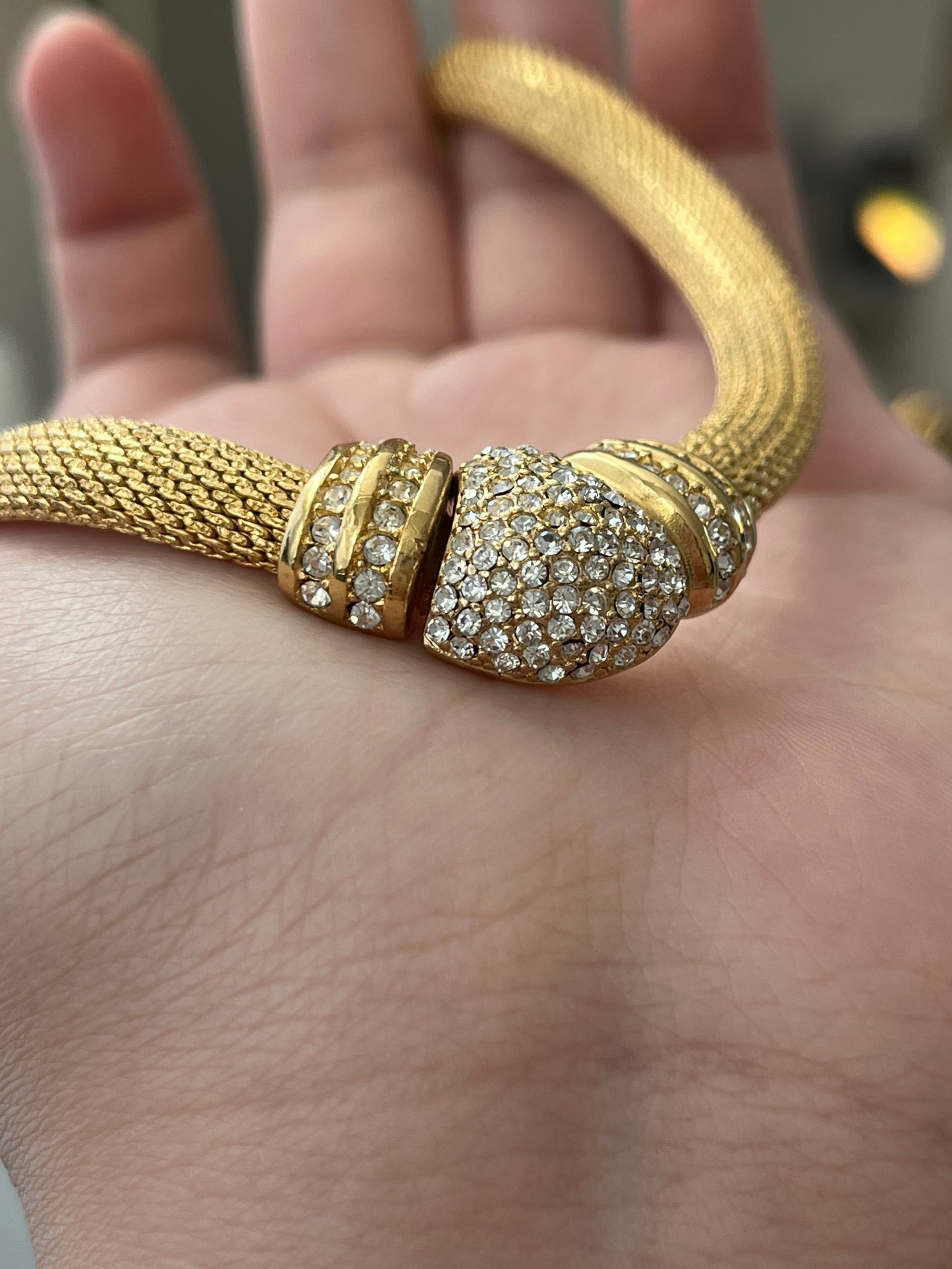 Vintage Christian Dior Rhinestone Pavé Braided Mesh Chain Gold-Tone Choker Necklace