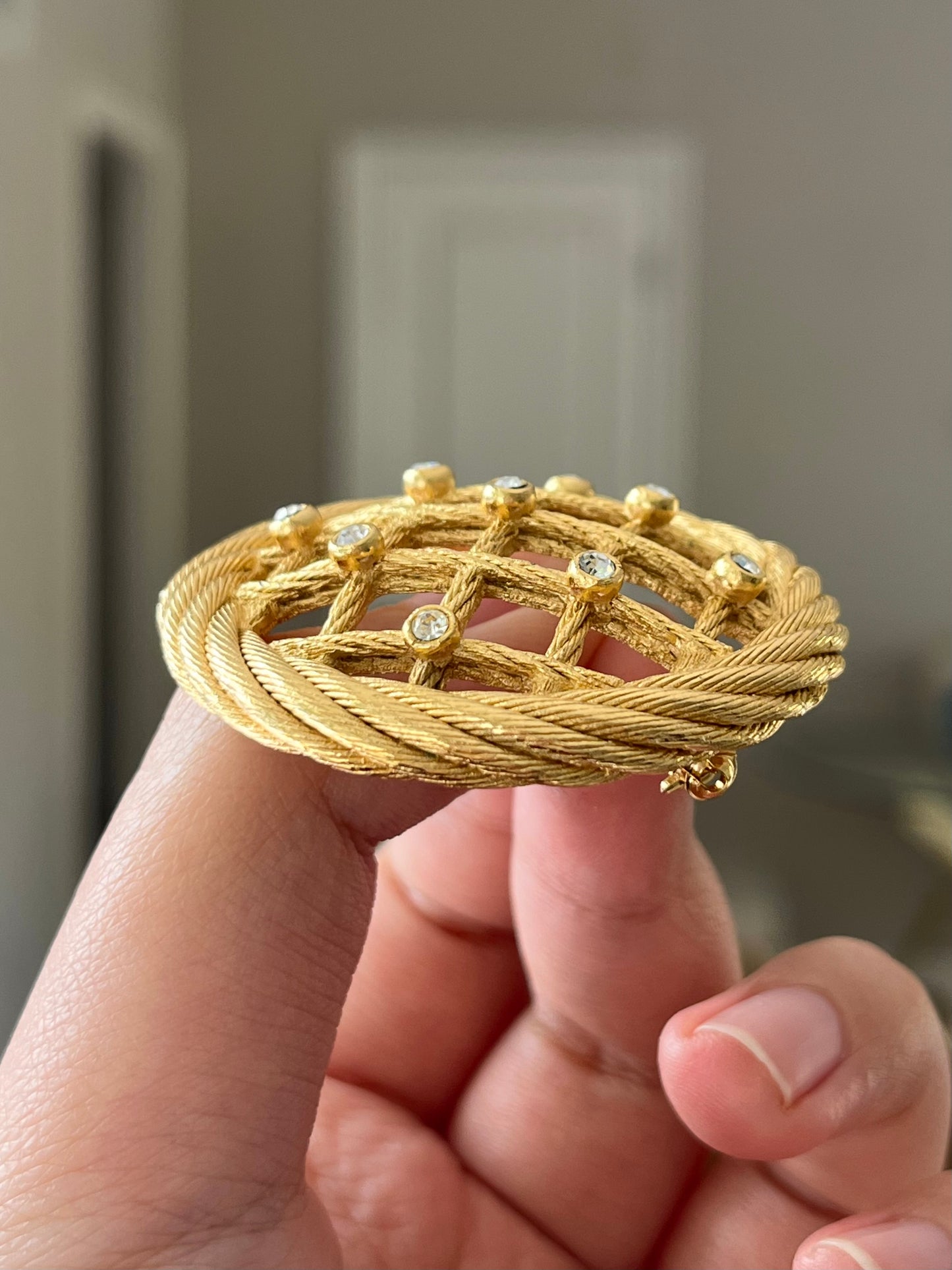 Vintage Christian Dior "Rope" Collection Dream Catcher Braided Knot Rhinestone Round Gold-Tone Brooch