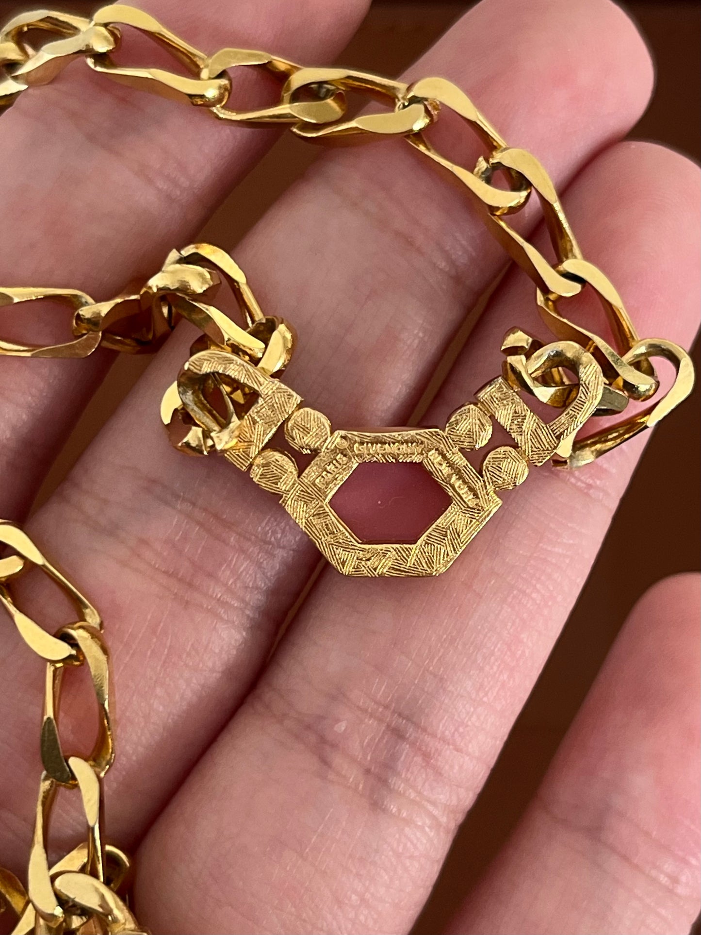 Vintage Givenchy Sugarloaf-Cut Hexagon Pink Resin Cabochon Gold-Tone Chain Necklace