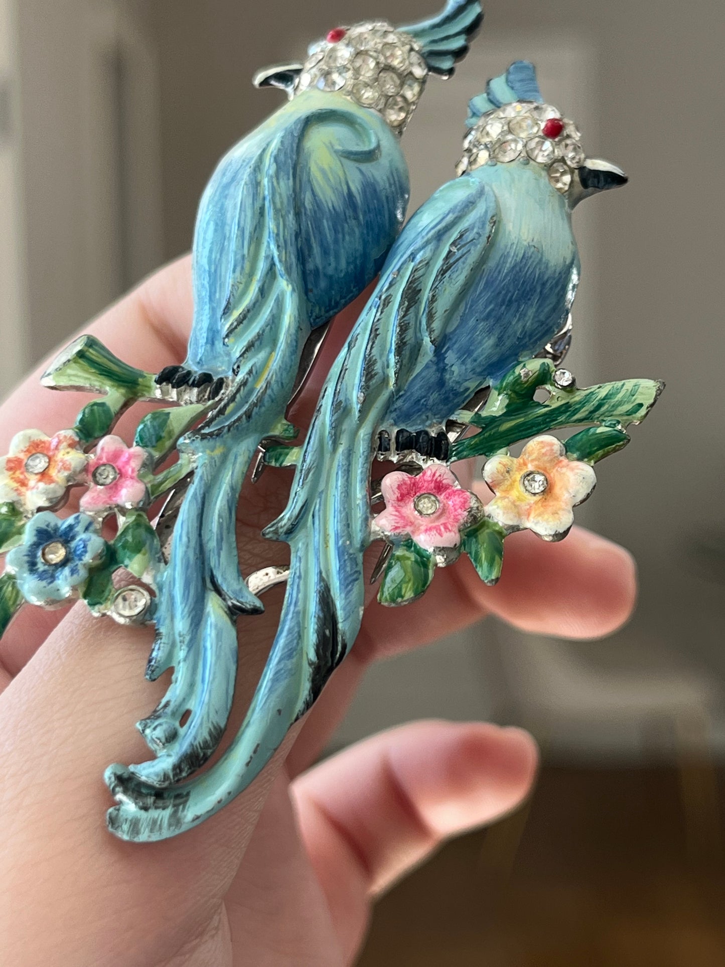 Vintage Coro Duette "Love Birds" Book Piece Parrot Blue Enamel Rhinestone Silver-Tone Brooch Fur Clip