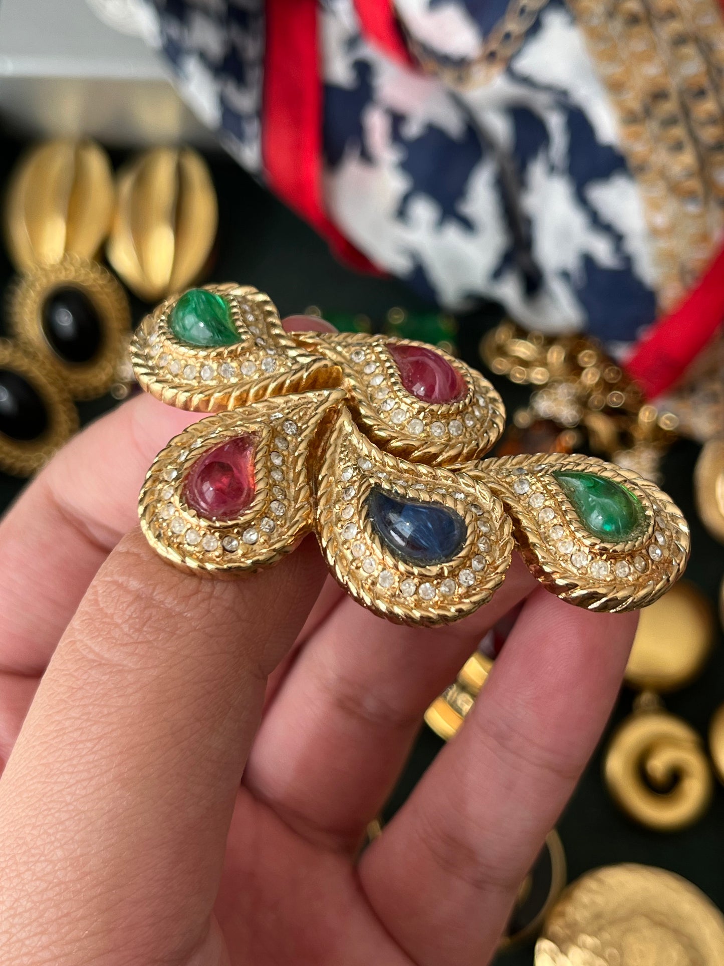 Vintage Christian Dior "Phoenix's Feather" Paisley Tri-Color Poured Glass Cabochon Gold-Tone Brooch