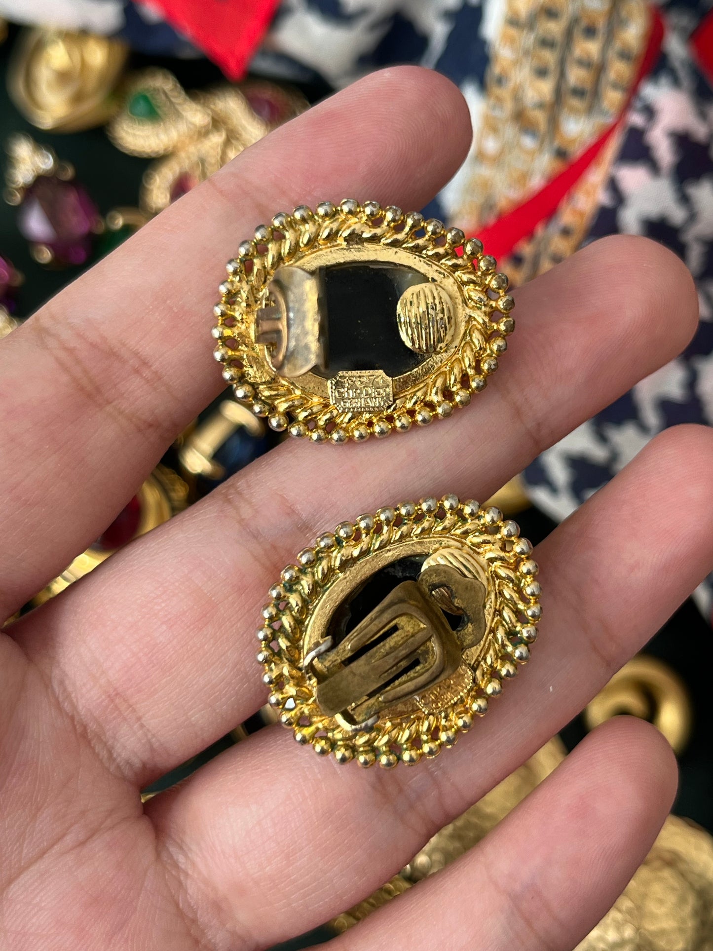 Vintage Christian Dior 1971 Irregular Black Poured Glass Cabochon Dotted Braided Edge Gold-Tone Clip-On Earrings